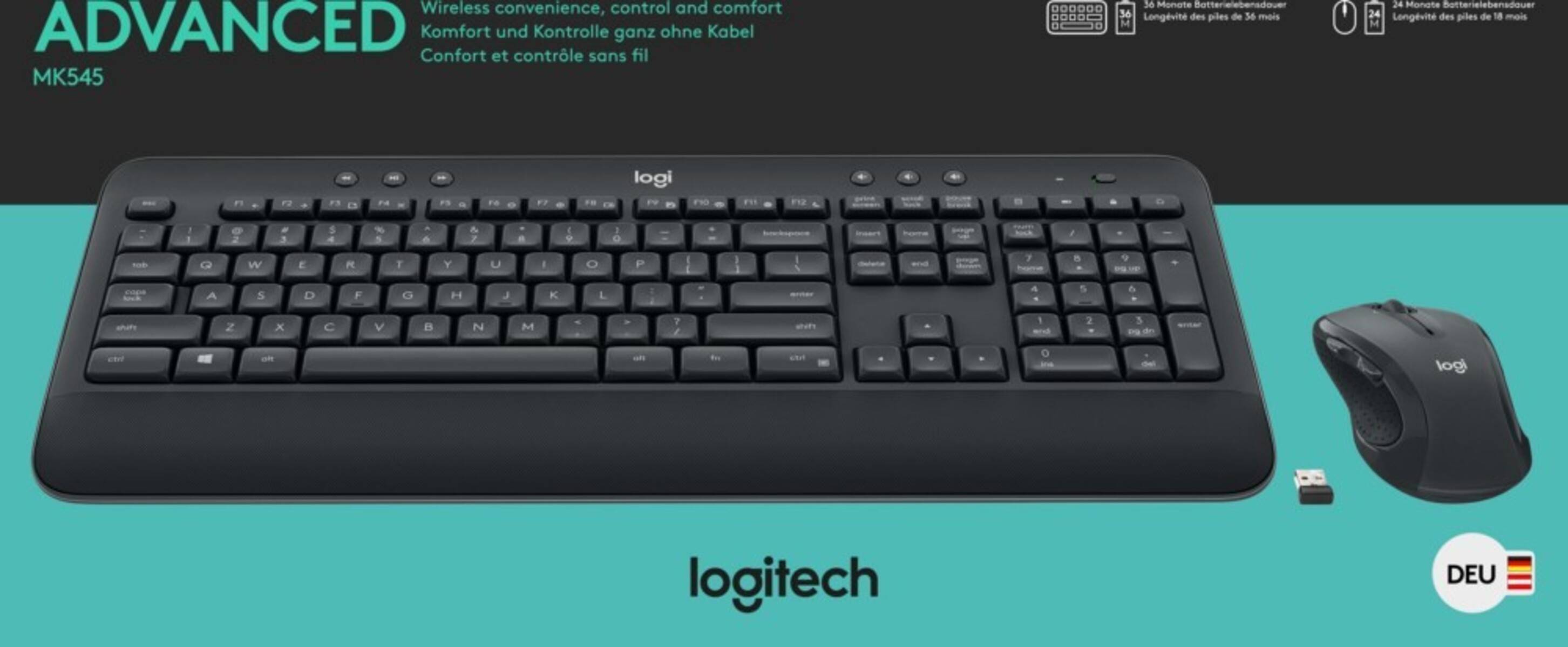 Logitech Advanced MK545 kabelloses Tastatur- und Mausset auf teelblauem Hintergrund, mit USB-Empfänger und Sprachanzeige 