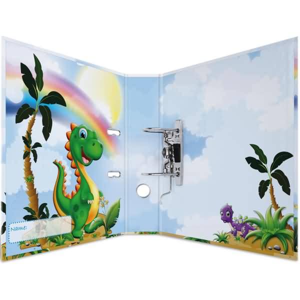Ein Dreiringordner mit einem grünen Cartoon-Dinosaurier, einem Regenbogen und Palmen auf der Vorderseite sowie einem kleinen lila Dinosaurier auf der Rückseite.