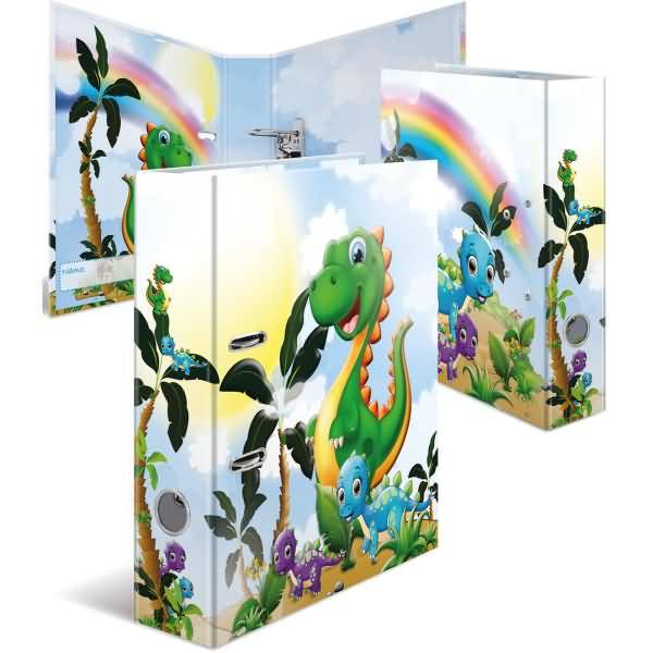Drei bunte Kinderlagerboxen oder Schränke mit Cartoon-Dinosauriern, Palmen und Regenbogen, aus verschiedenen Blickwinkeln gezeigt.