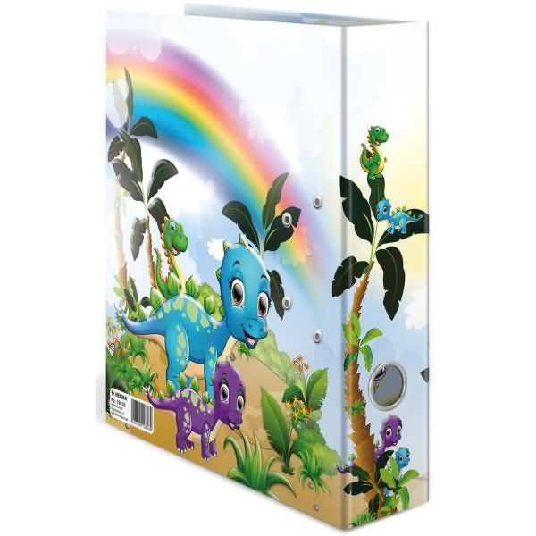 Kinderproduktbox mit bunten Cartoon-Dinosauriern, Palmen und einem Regenbogen auf weißem Hintergrund.
