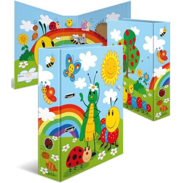 Bunte Aufbewahrungsmappen für Kinder, dekoriert mit Cartoon-Insekten, Regenbögen, Blumen, Sonne und Wolken.