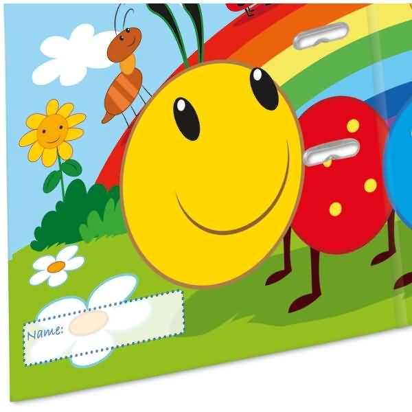 Bunte Kinderillustration eines lächelnden gelben Käfers mit einem roten Käfer und Regenbogen, mit Blumen, Wolken und einem „Name: