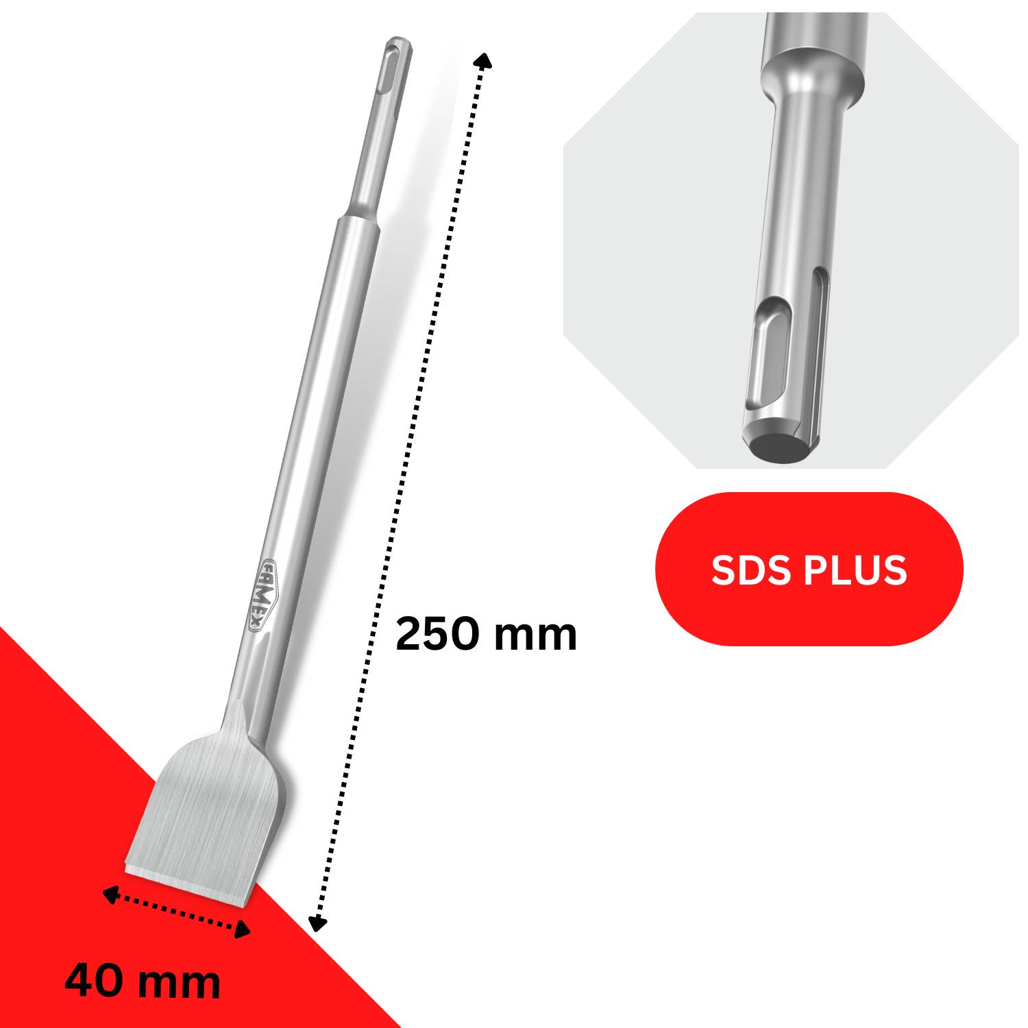 SDS Plus Fliesenmeißel FAMEX 8341 - 40x250 mm, abgewinkelt - Spatmeißel gebogen