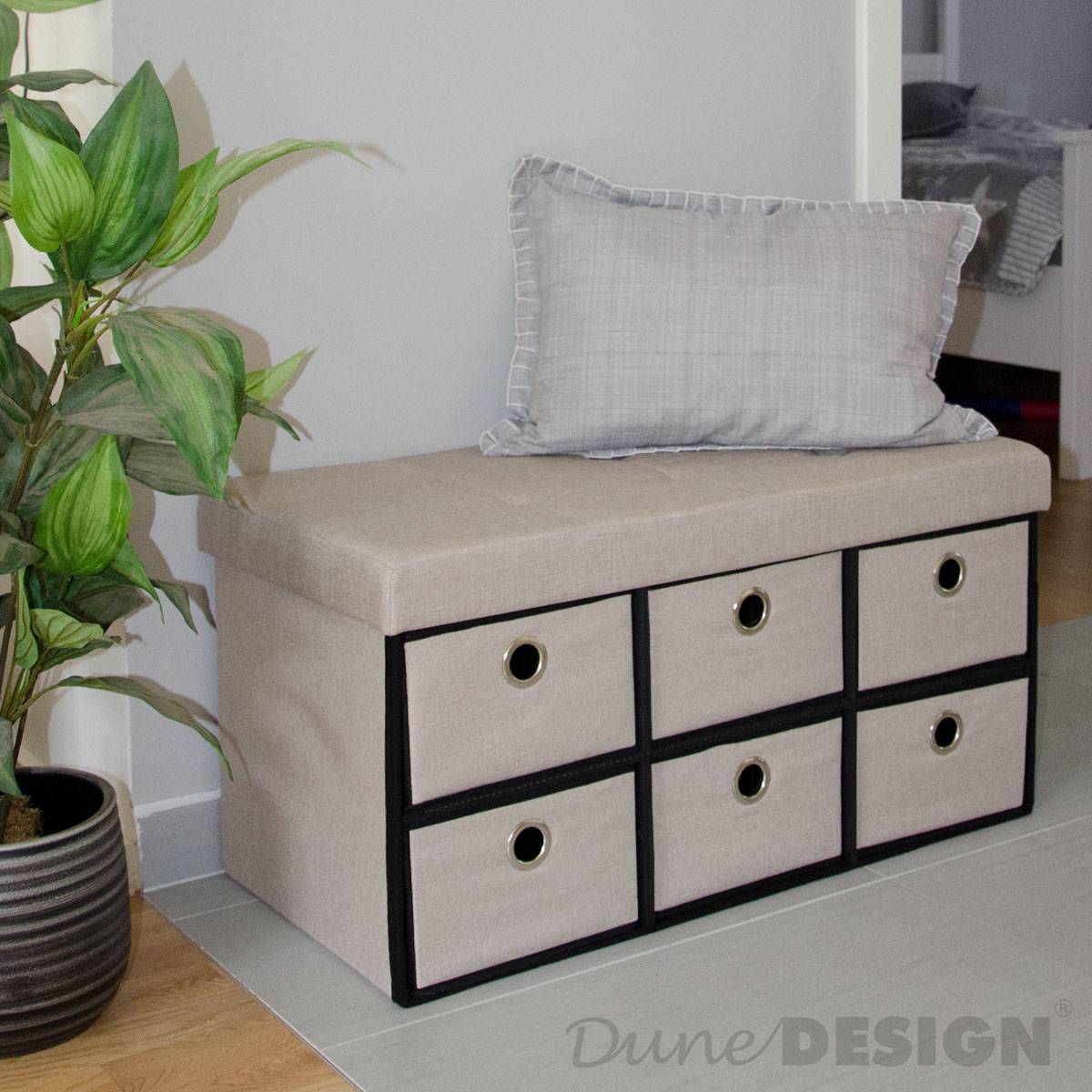 Faltbare Sitzbank 76x38x38cm mit 6 Schubladen Sitztruhe 80L Polsterbank Ottomane Leinen Beige Grau
