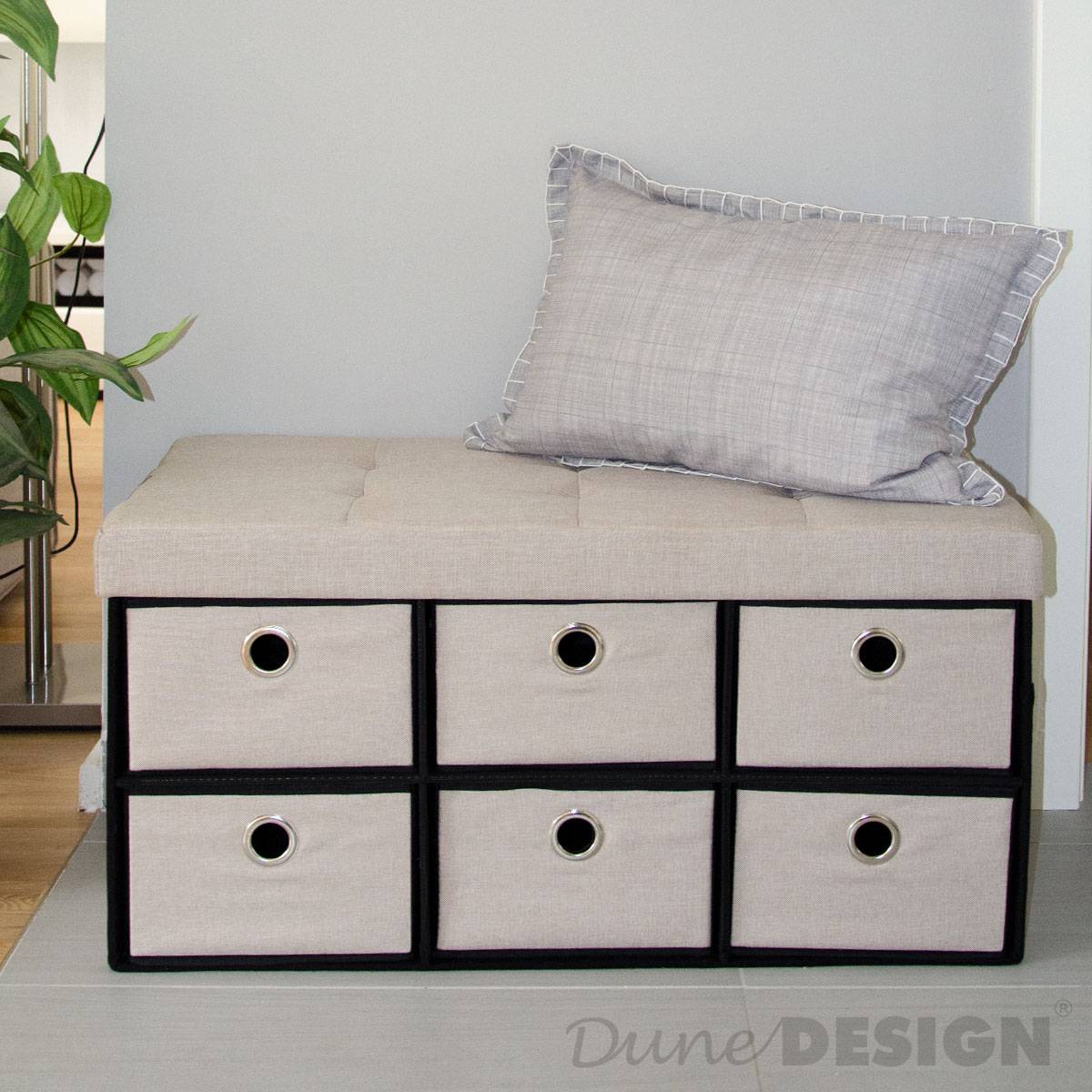 Faltbare Sitzbank 76x38x38cm mit 6 Schubladen Sitztruhe 80L Polsterbank Ottomane Leinen Beige Grau