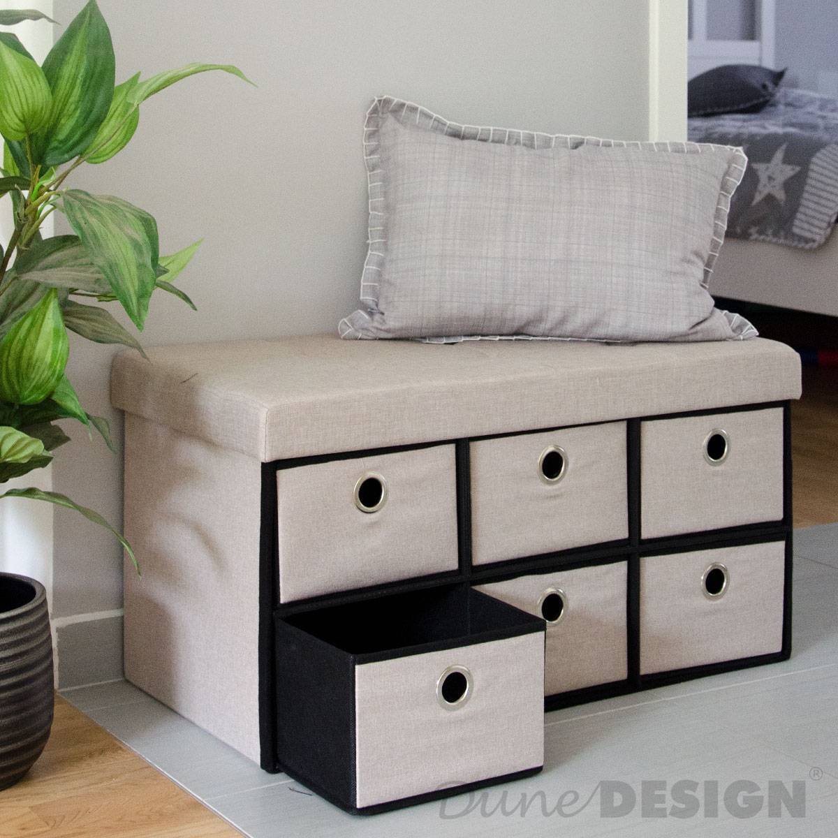 Faltbare Sitzbank 76x38x38cm mit 6 Schubladen Sitztruhe 80L Polsterbank Ottomane Leinen Beige Grau