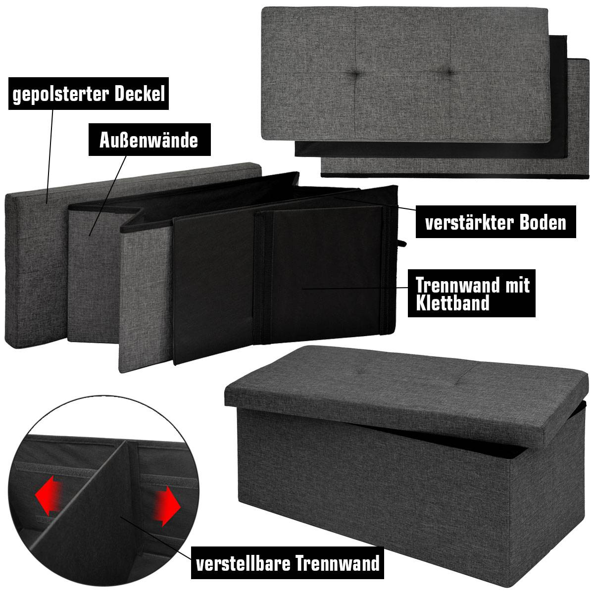 Faltbare Sitzbank 76x38x38 cm mit Trennwand Sitztruhe 80L Polsterbank Dunkelgrau