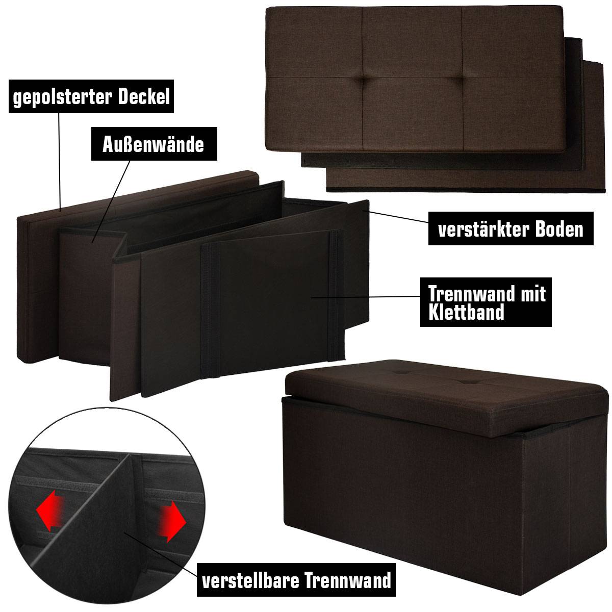 Faltbare Sitzbank 76x38x38 cm inkl. Trennwand Sitztruhe 80L Polsterbank Dunkelbraun