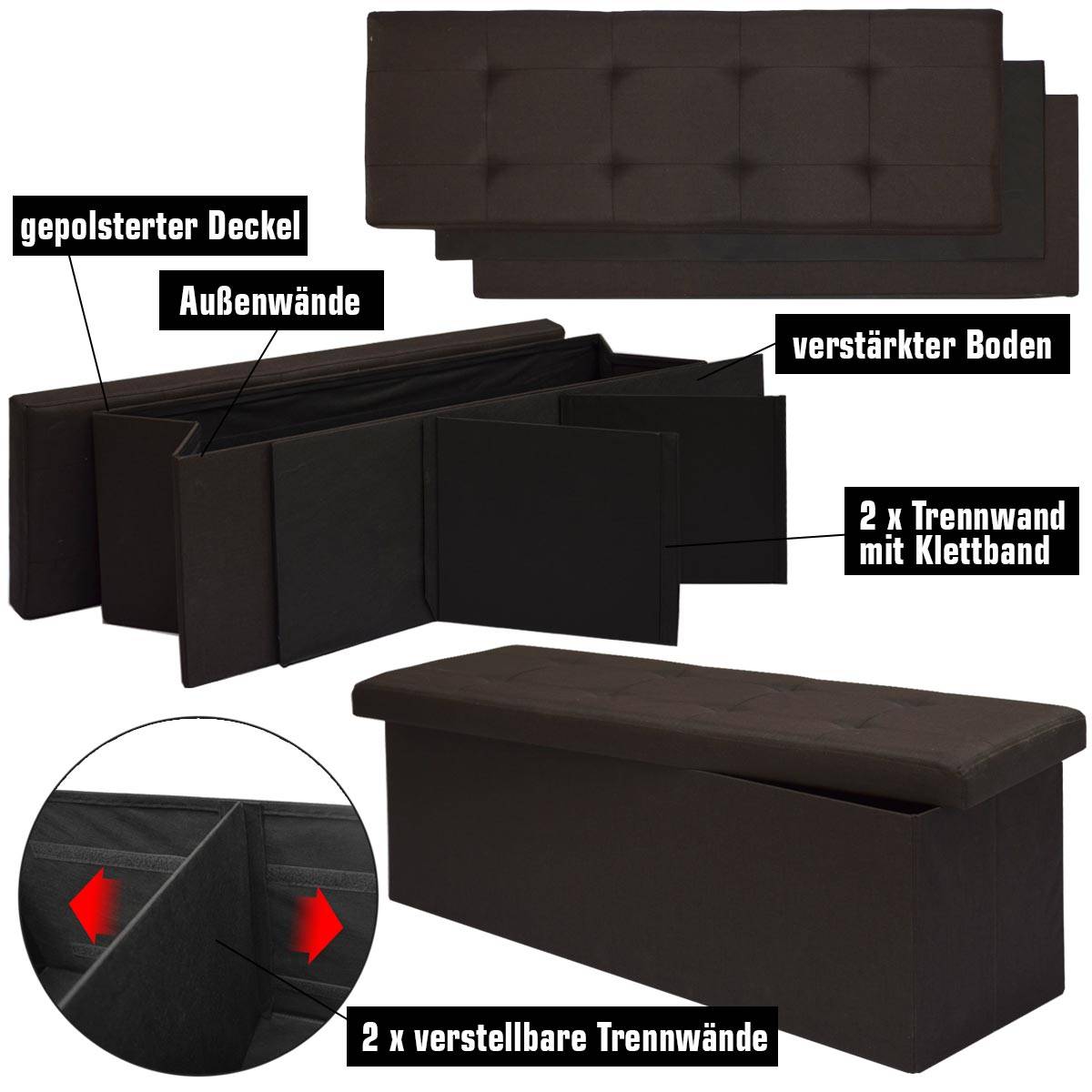 Sitzbank faltbar 110x38x38 cm Schwarz mit 2 Trennwänden