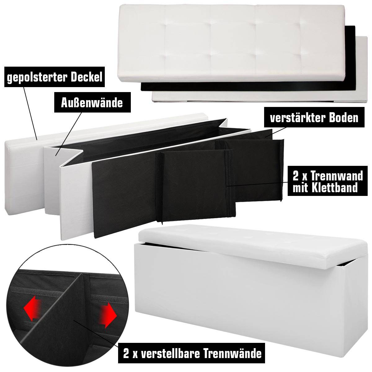 Sitzbank Faltbar 110x38x38cm Sitztruhe inkl. 2 Trennwände 120L Polsterbank Weiß