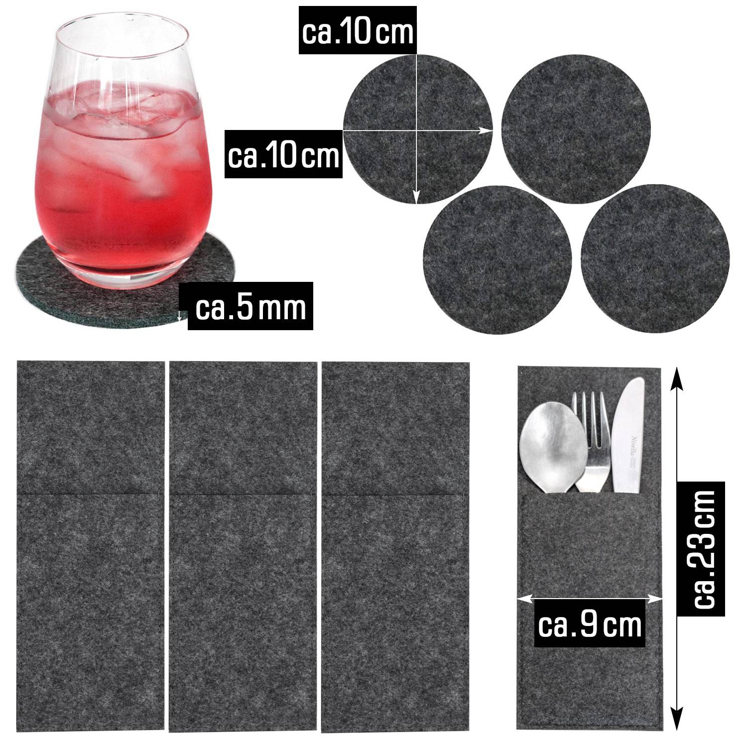 Filz Tischset Bestecktasche Untersetzer Set 43x30 cm Stoff Platzset Filzset Grau