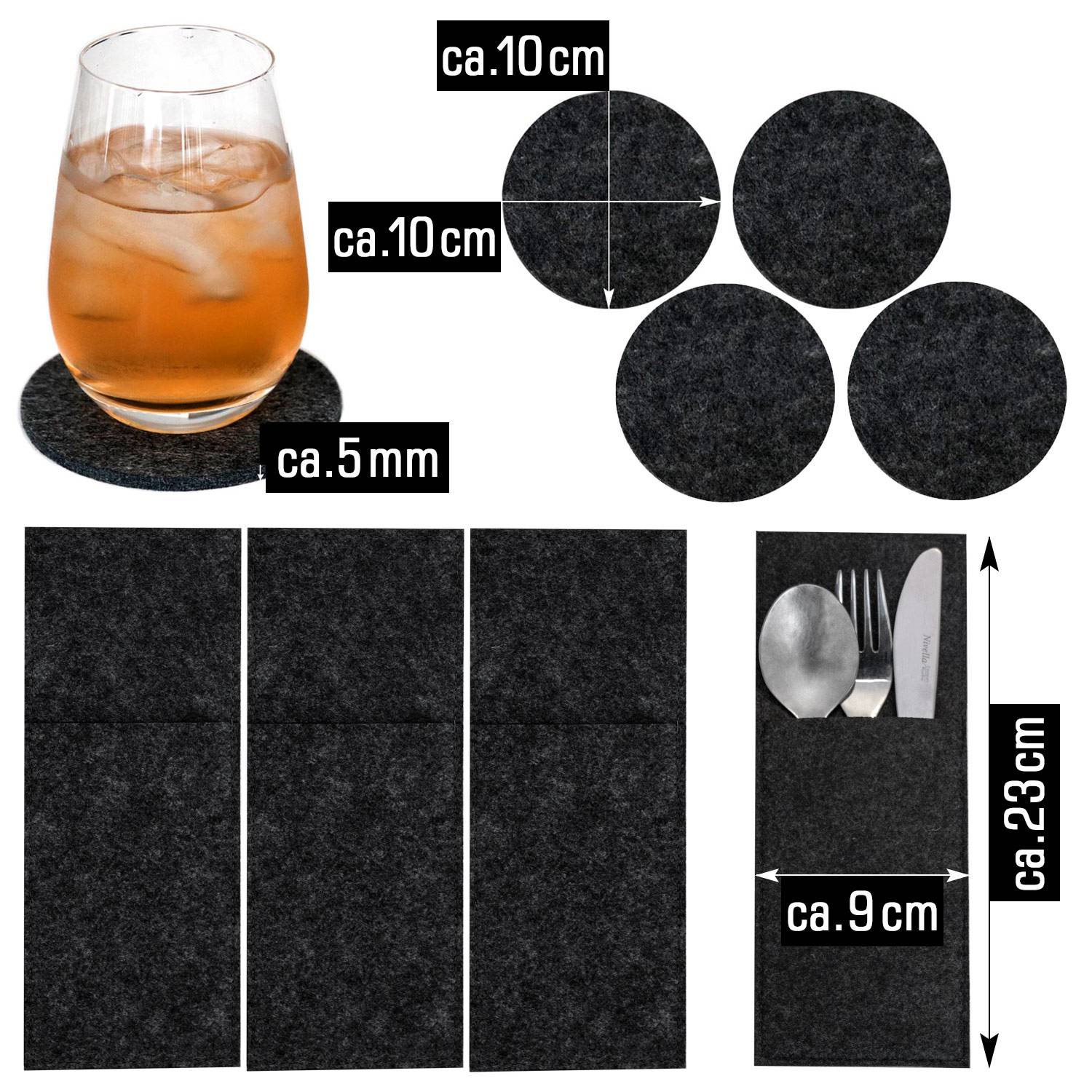 Filz Tischset Bestecktasche Untersetzer Set 43x30 cm Platzset Filzset Anthrazit