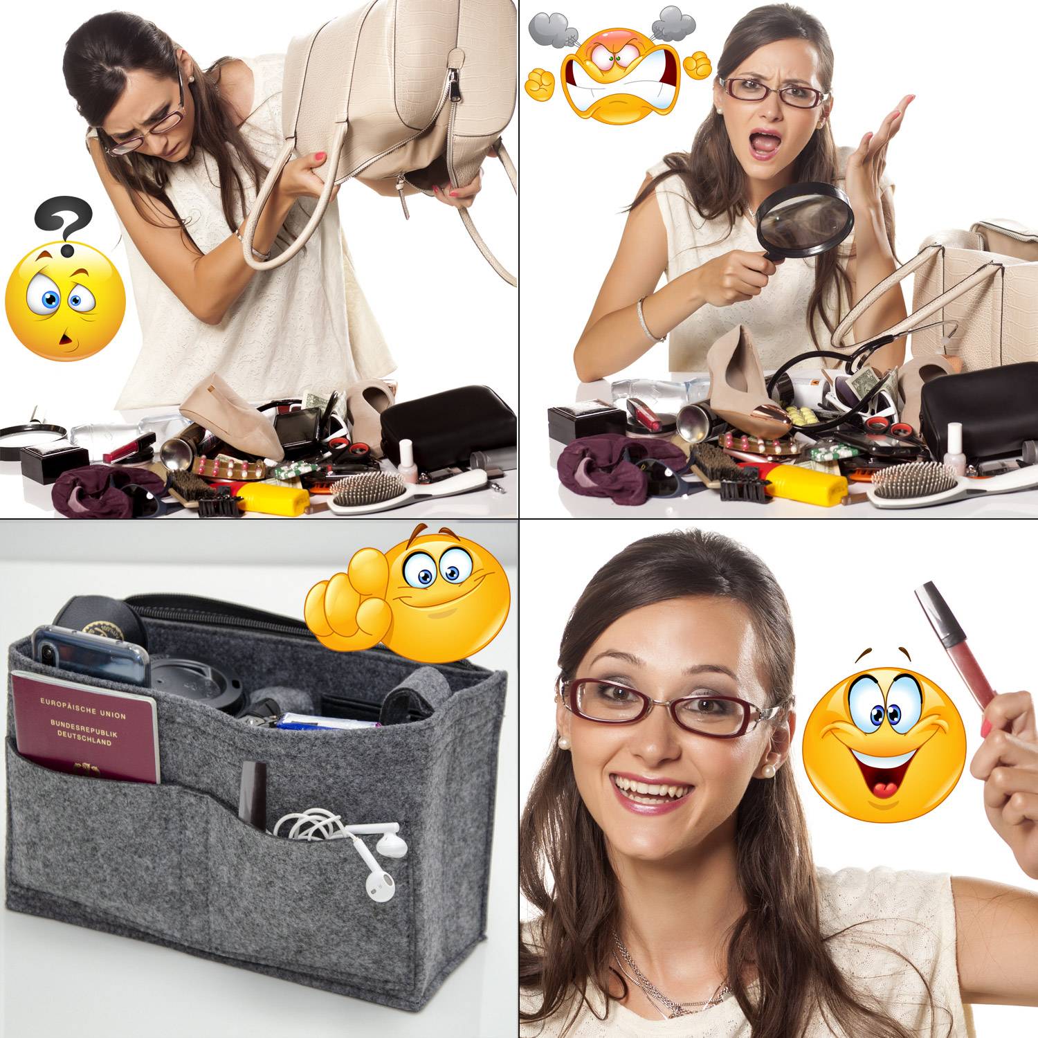 Handtaschen Organizer 23x10x16 cm Filz Tasche Innentasche Taschen Einsatz S Grau