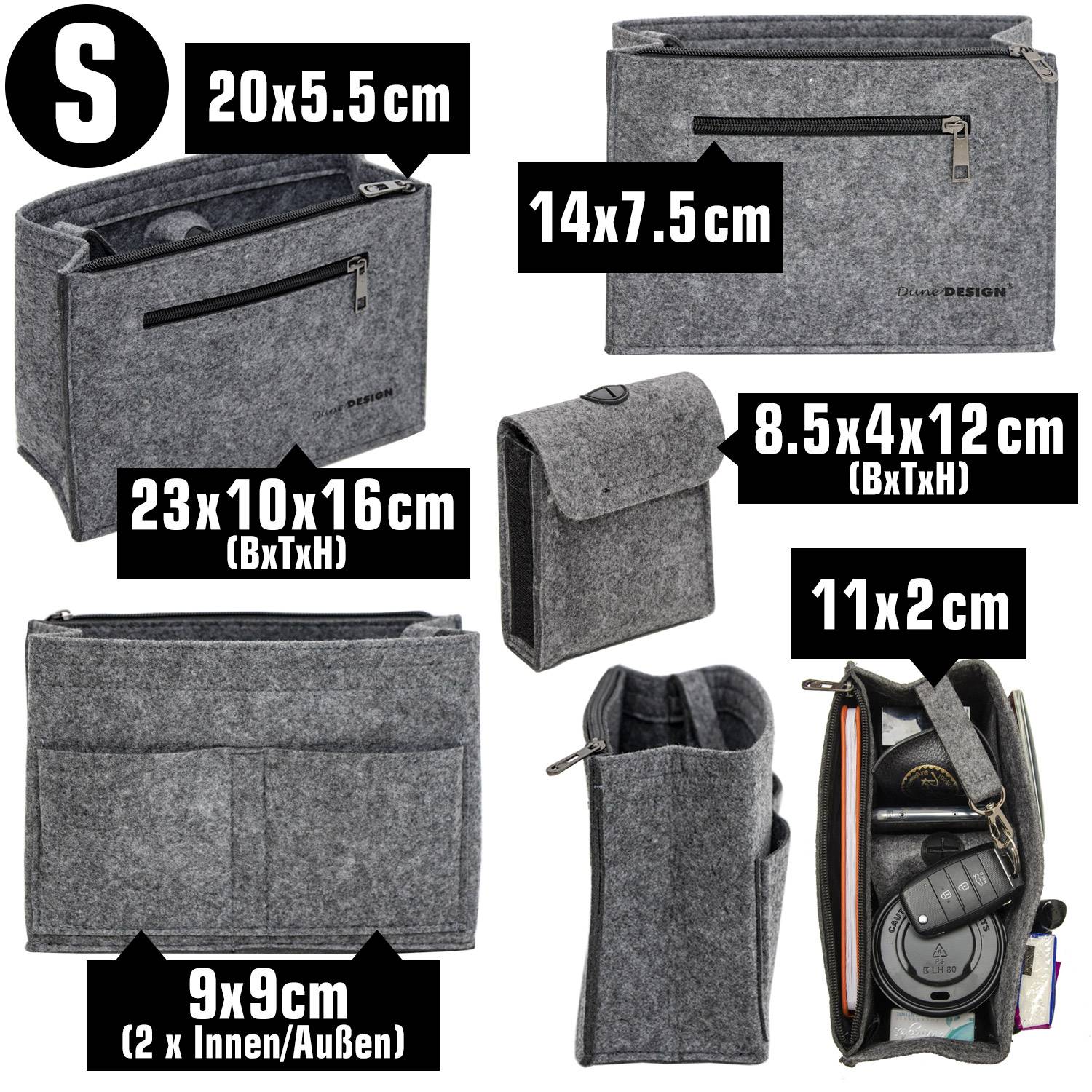 Handtaschen Organizer 23x10x16 cm Filz Tasche Innentasche Taschen Einsatz S Grau