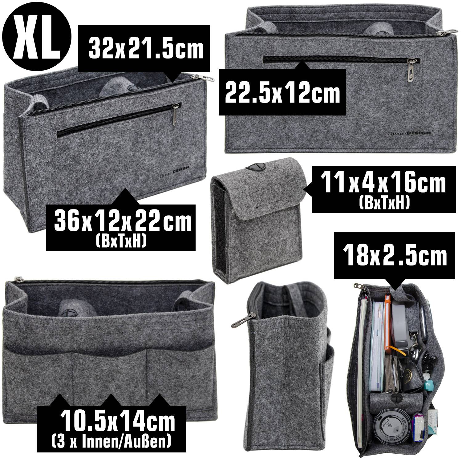 Handtaschen Organizer 36x12x22cm Filz Innentasche Taschen Einsatz XL Beutel Grau