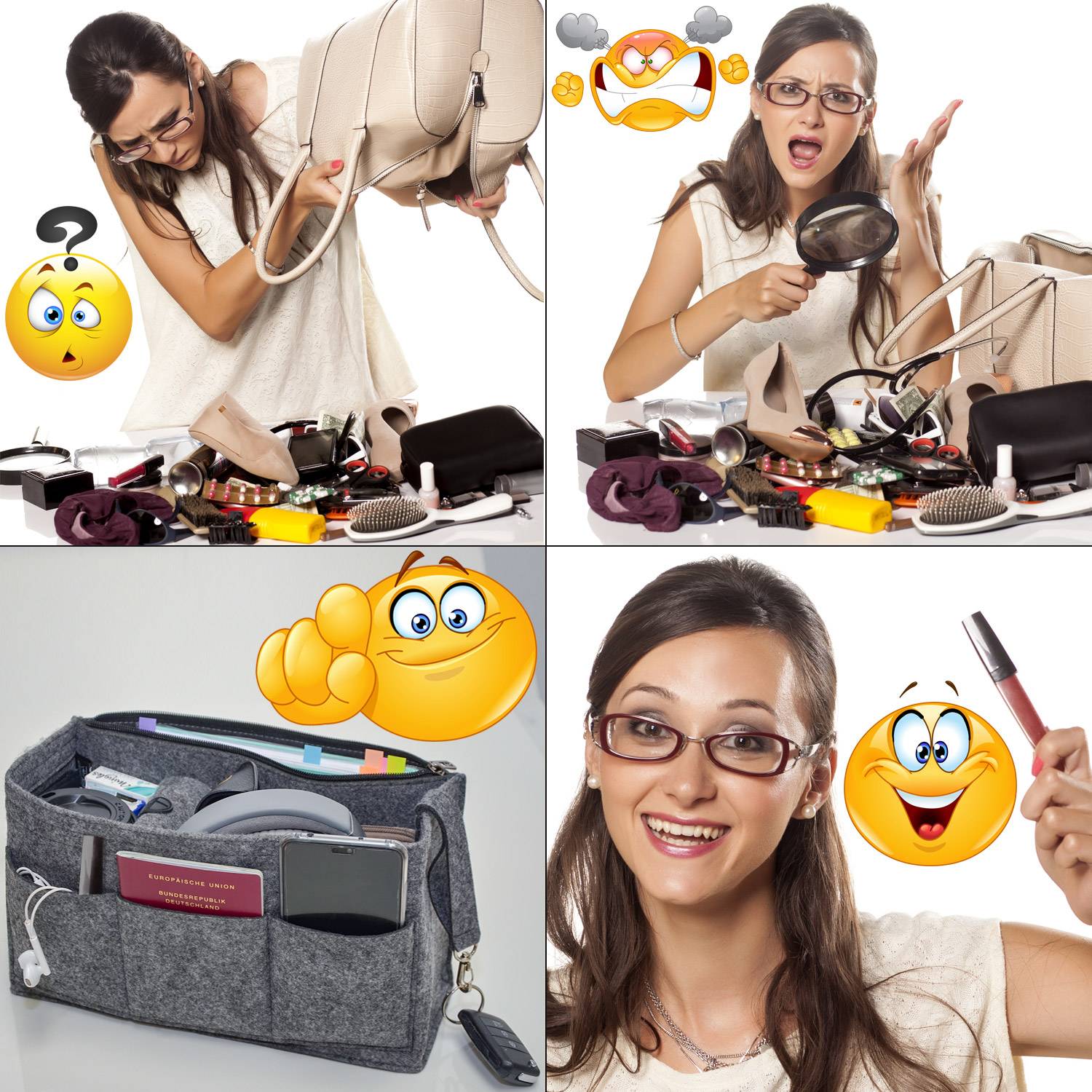 Handtaschen Organizer 36x12x22cm Filz Innentasche Taschen Einsatz XL Beutel Grau