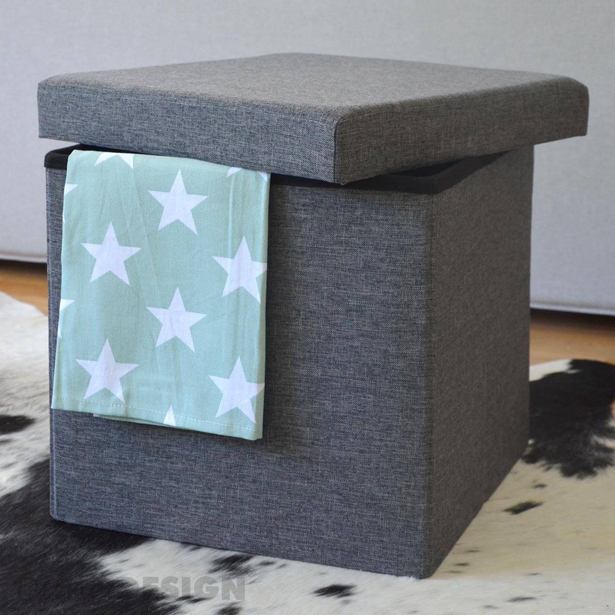 DuneDesign Faltbarer Sitzhocker 38cm Fußhocker Polsterhocker mit ca 42L Stauraum Sitzwürfel Sitzkasten Ottomane Leinen Dunkelgrau