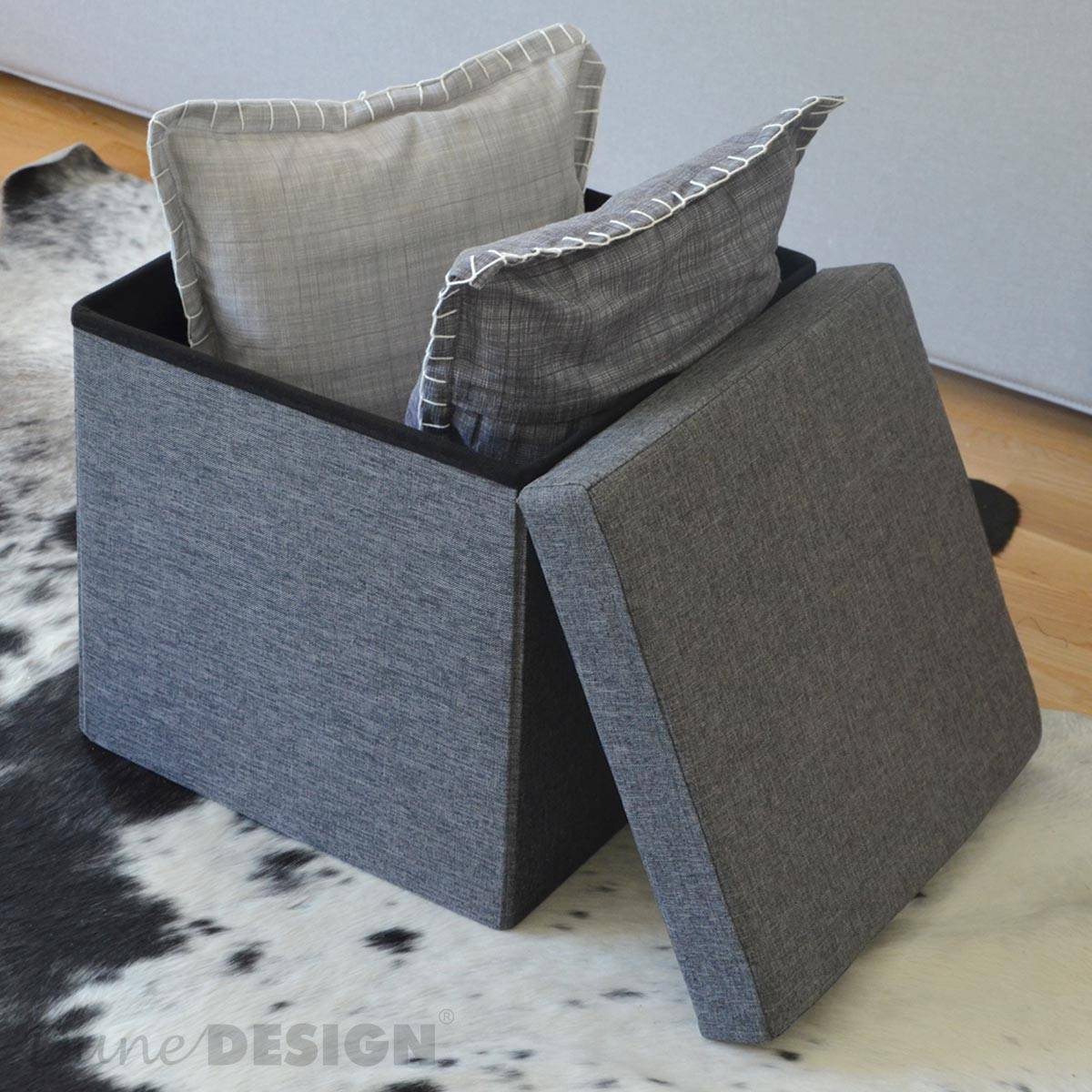 DuneDesign Faltbarer Sitzhocker 38cm Fußhocker Polsterhocker mit ca 42L Stauraum Sitzwürfel Sitzkasten Ottomane Leinen Dunkelgrau