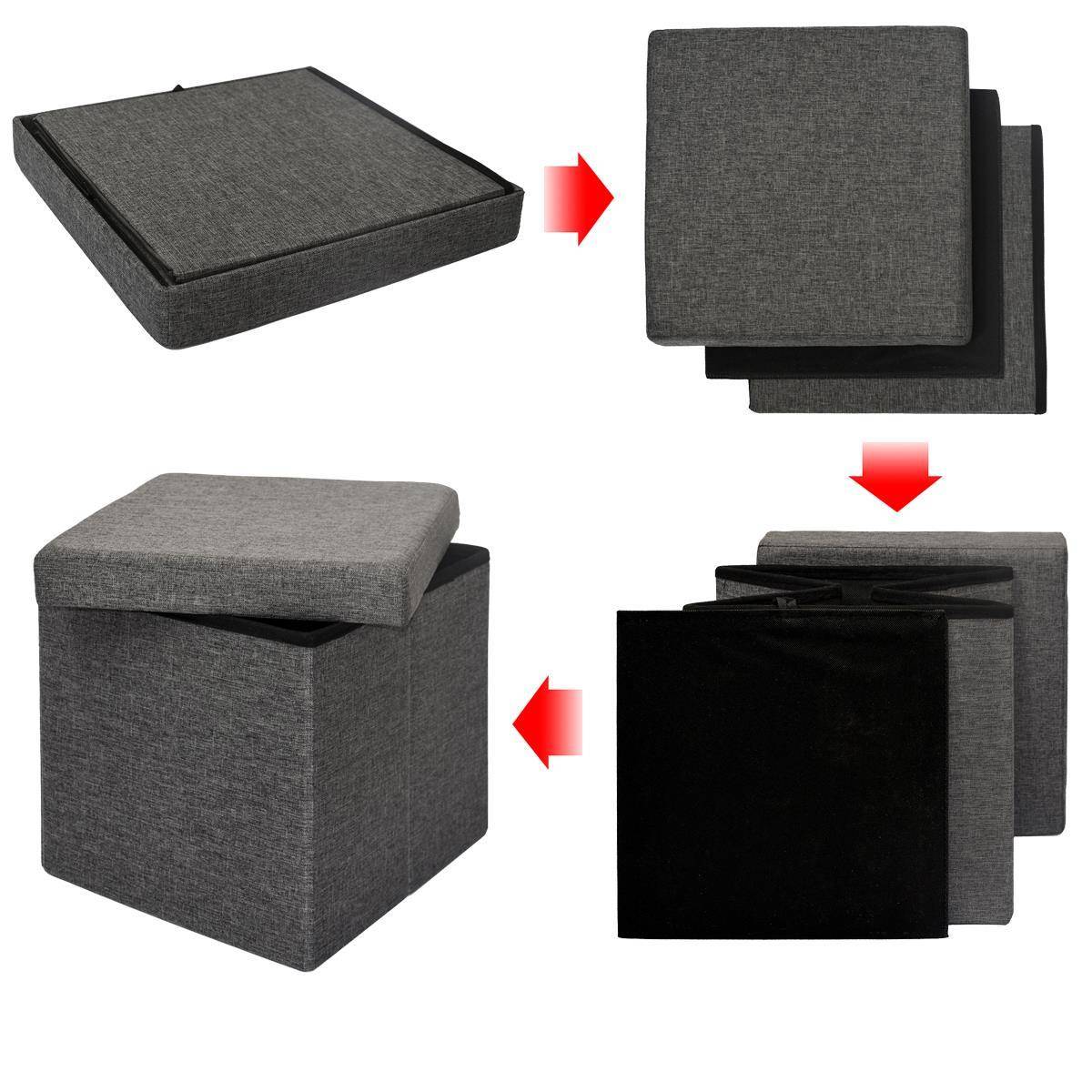 DuneDesign Faltbarer Sitzhocker 38cm Fußhocker Polsterhocker mit ca 42L Stauraum Sitzwürfel Sitzkasten Ottomane Leinen Dunkelgrau
