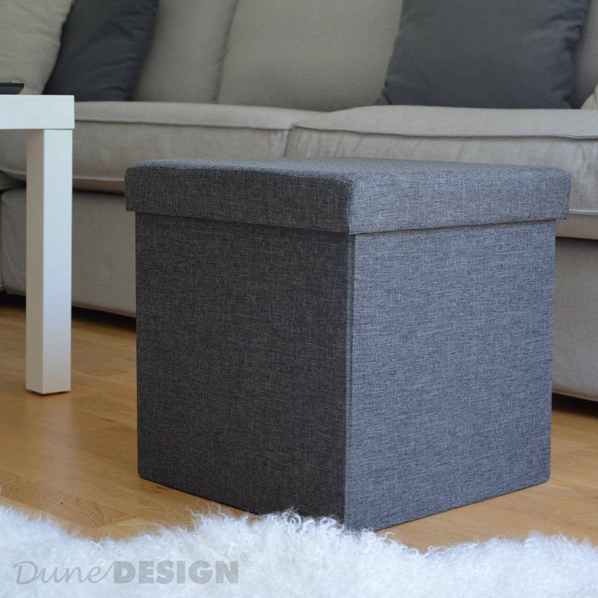 DuneDesign Faltbarer Sitzhocker 38cm Fußhocker Polsterhocker mit ca 42L Stauraum Sitzwürfel Sitzkasten Ottomane Leinen Dunkelgrau