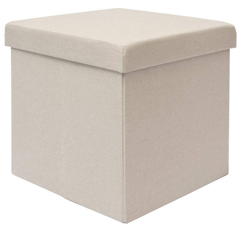 DuneDesign Faltbarer Sitzhocker 38cm Fußhocker Polsterhocker mit ca 42L Stauraum Sitzwürfel Sitzkasten Ottomane Leinen Beige-Grau