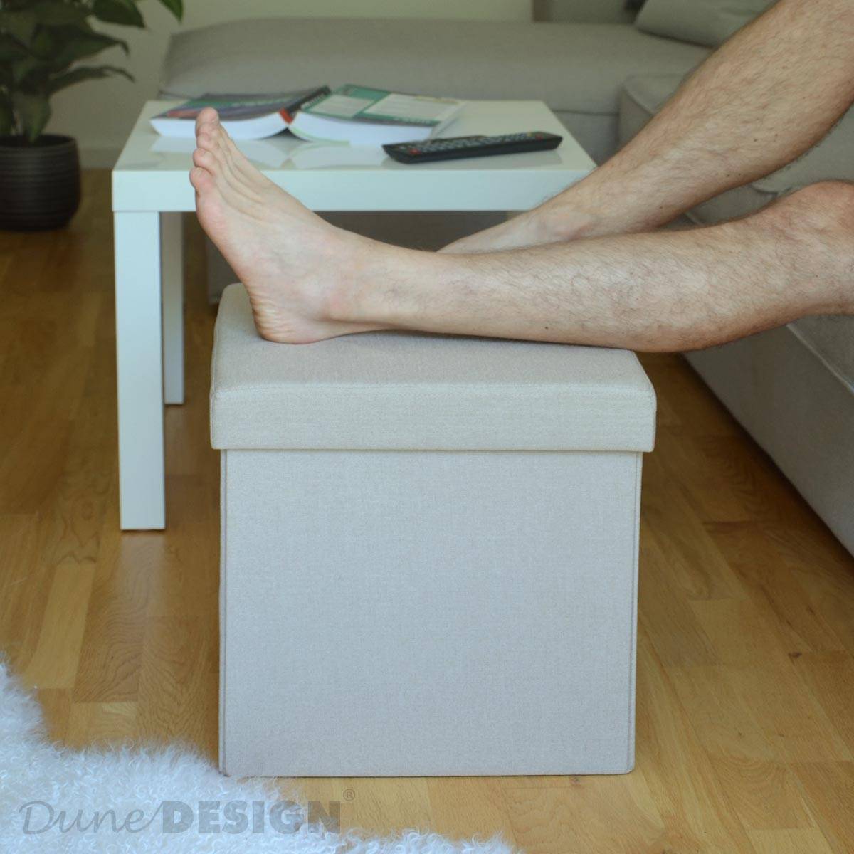DuneDesign Faltbarer Sitzhocker 38cm Fußhocker Polsterhocker mit ca 42L Stauraum Sitzwürfel Sitzkasten Ottomane Leinen Beige-Grau