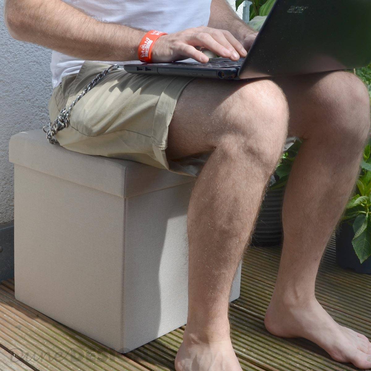 DuneDesign Faltbarer Sitzhocker 38cm Fußhocker Polsterhocker mit ca 42L Stauraum Sitzwürfel Sitzkasten Ottomane Leinen Beige-Grau