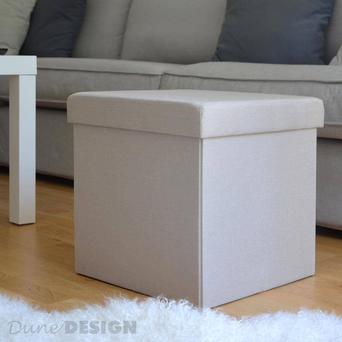 DuneDesign Faltbarer Sitzhocker 38cm Fußhocker Polsterhocker mit ca 42L Stauraum Sitzwürfel Sitzkasten Ottomane Leinen Beige-Grau