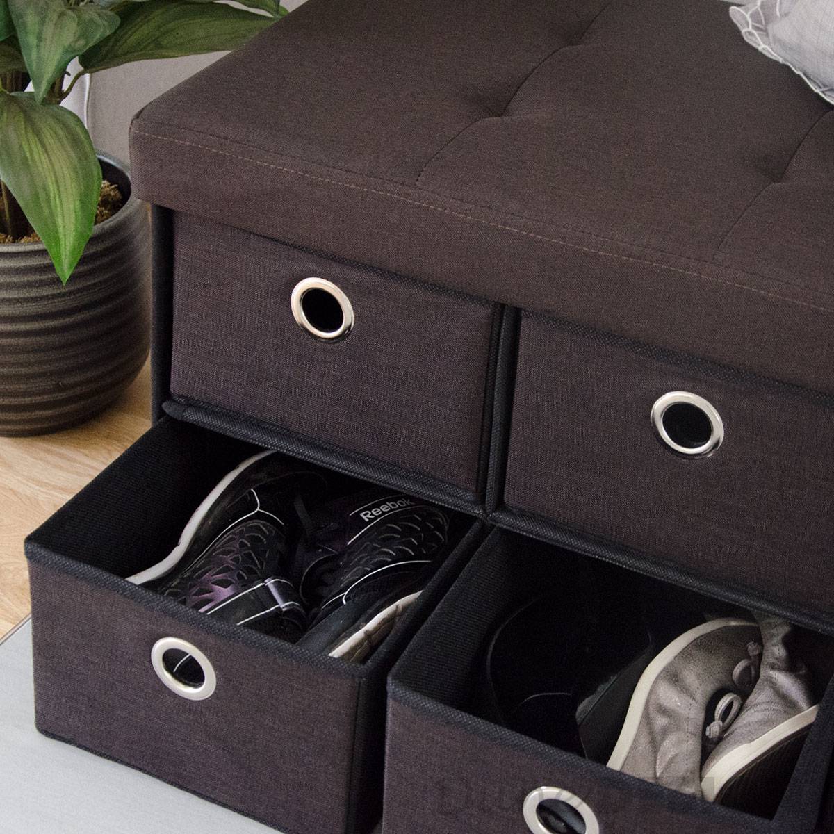 Faltbare Sitzbank 76x38x38cm mit 6 Schubladen Sitztruhe 80L Polsterbank Ottomane Leinen Dunkelbraun