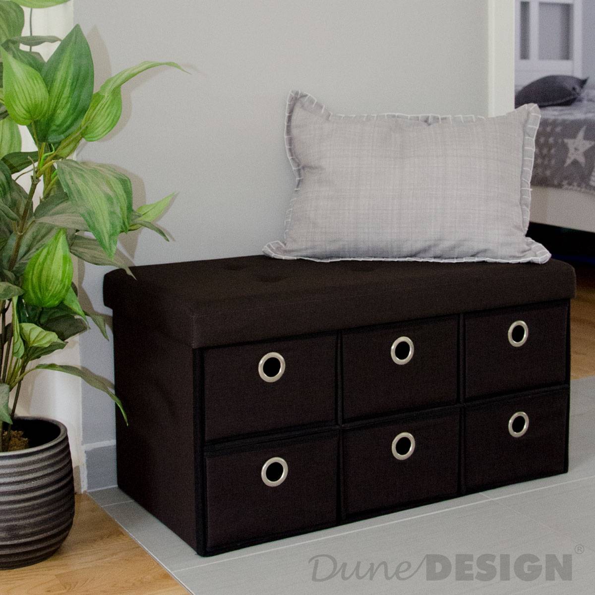 Faltbare Sitzbank 76x38x38cm mit 6 Schubladen Sitztruhe 80L Polsterbank Ottomane Leinen Dunkelbraun
