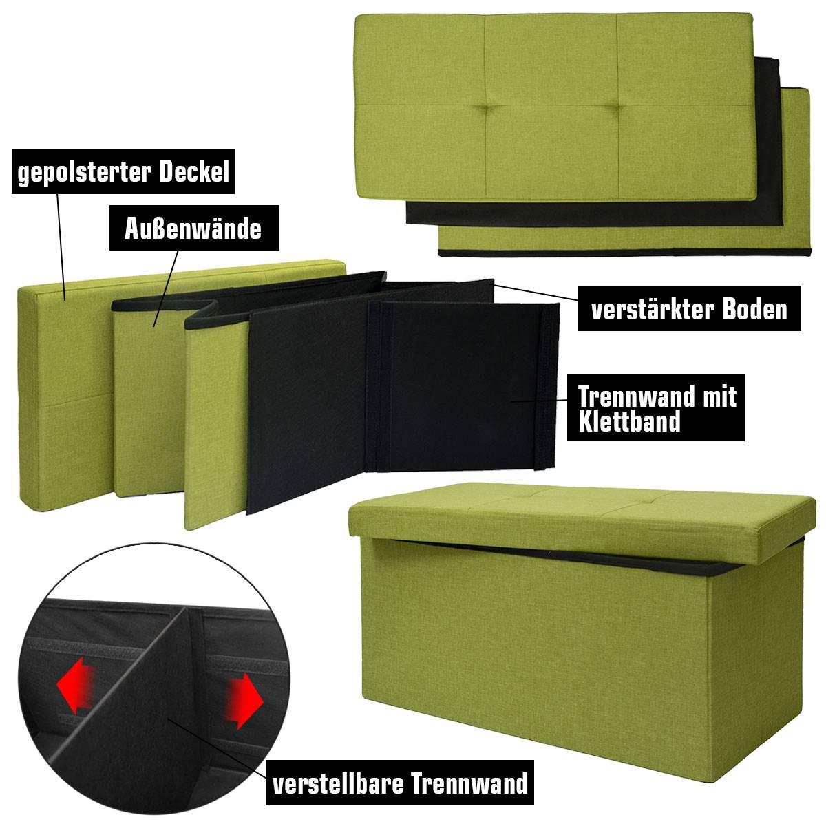 Faltbare Sitzbank 76x38x38 cm inkl. Trennwand Sitztruhe 80L Polsterbank Grün