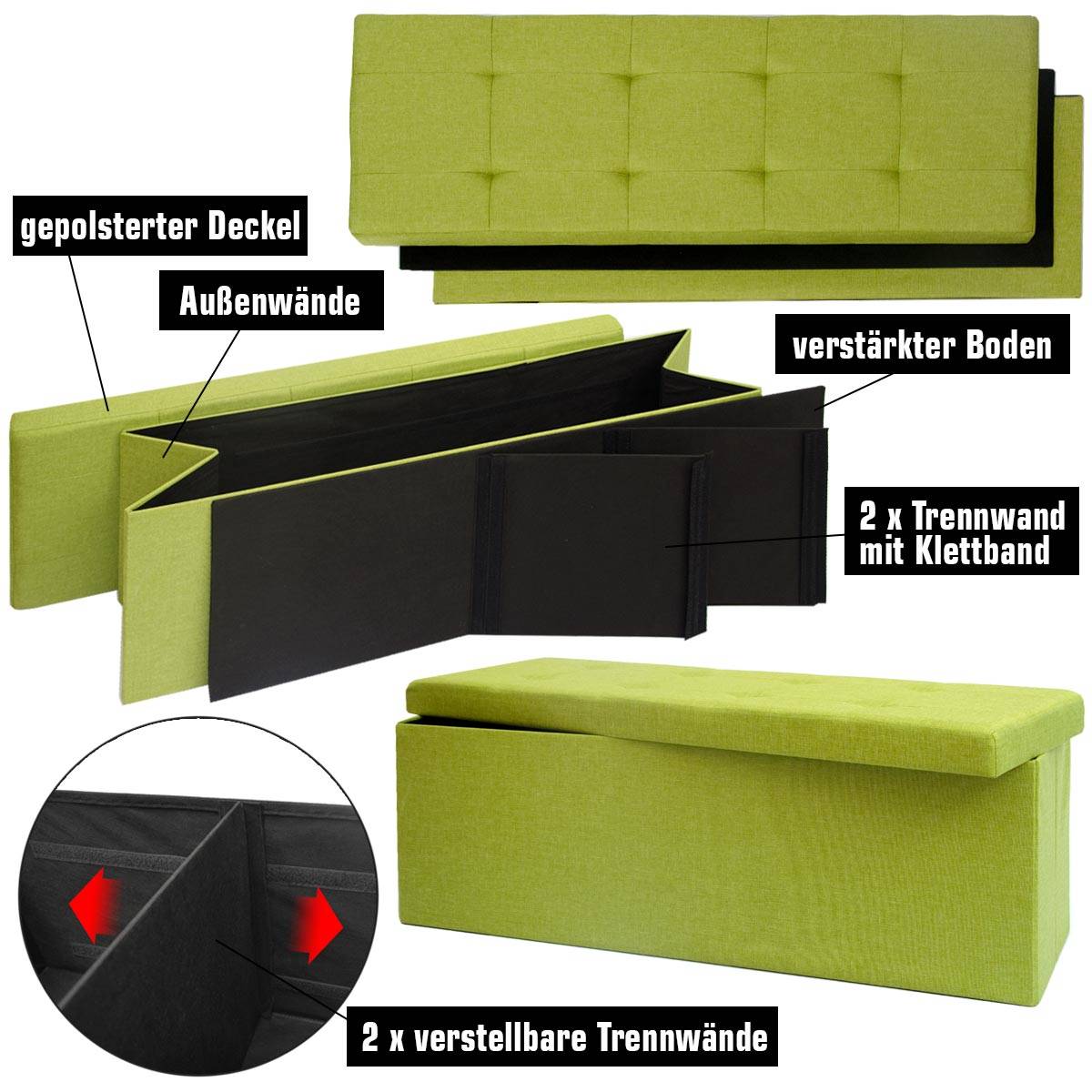Faltbare Sitzbank 110x38x38cm Sitztruhe inkl. 2 Trennwände 120L Polsterbank Grün