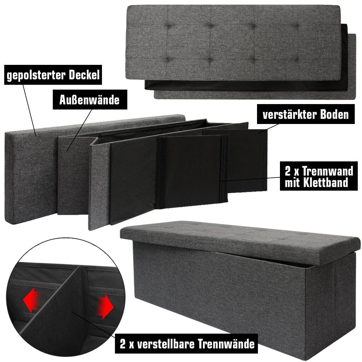 Faltbare Sitzbank 110x38x38cm Sitztruhe inkl. 2 Trennwände 120L Polsterbank Grau