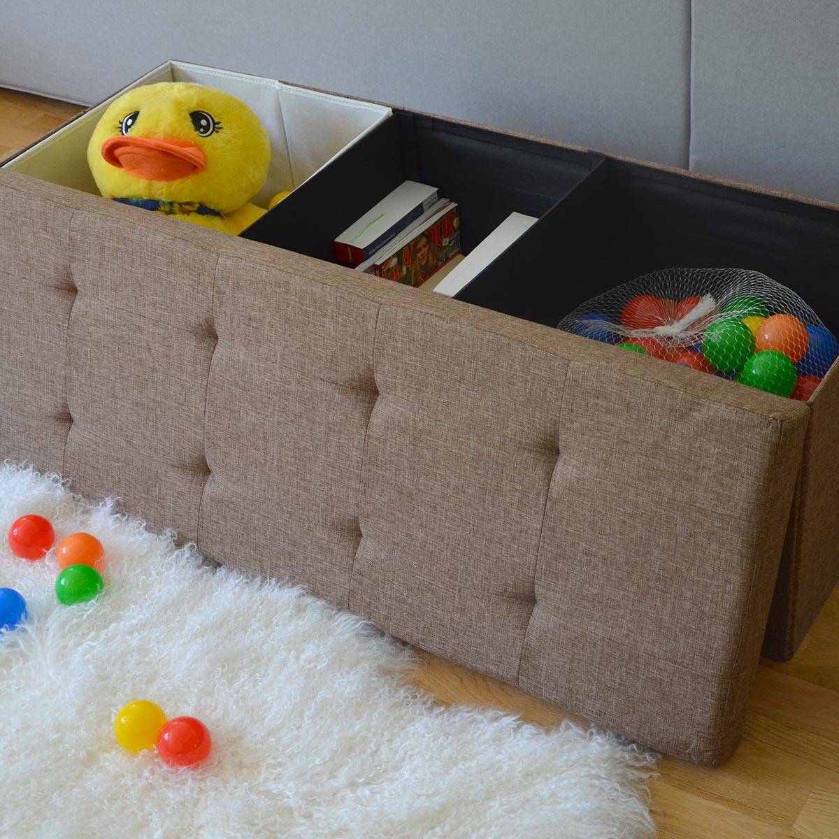 Sitzbank Faltbar 110x38x38cm Sitztruhe inkl. 2 Trennwände 120L Polsterbank Braun