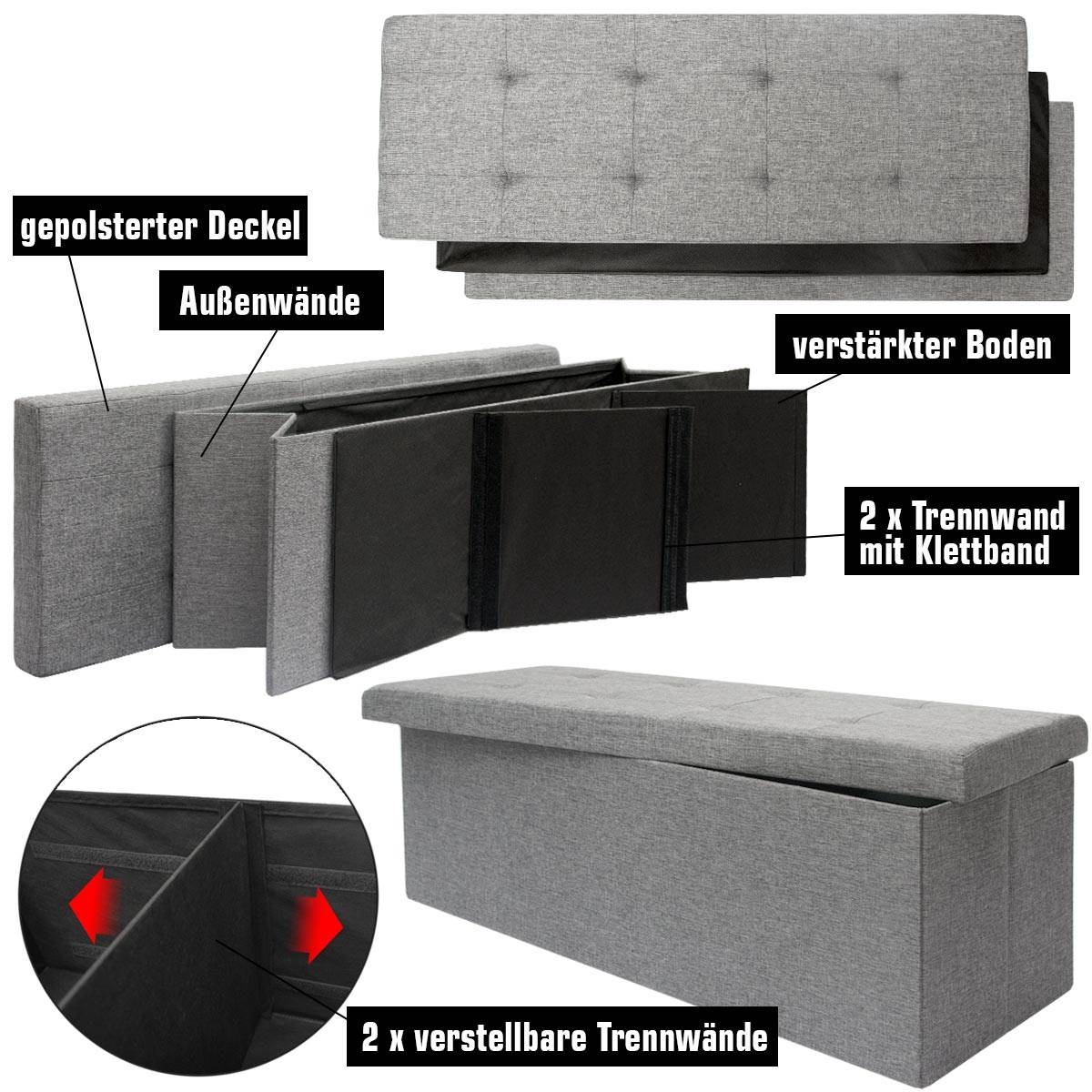 Sitzbank faltbar 110x38x38 cm Hellgrau mit 2 Trennwänden