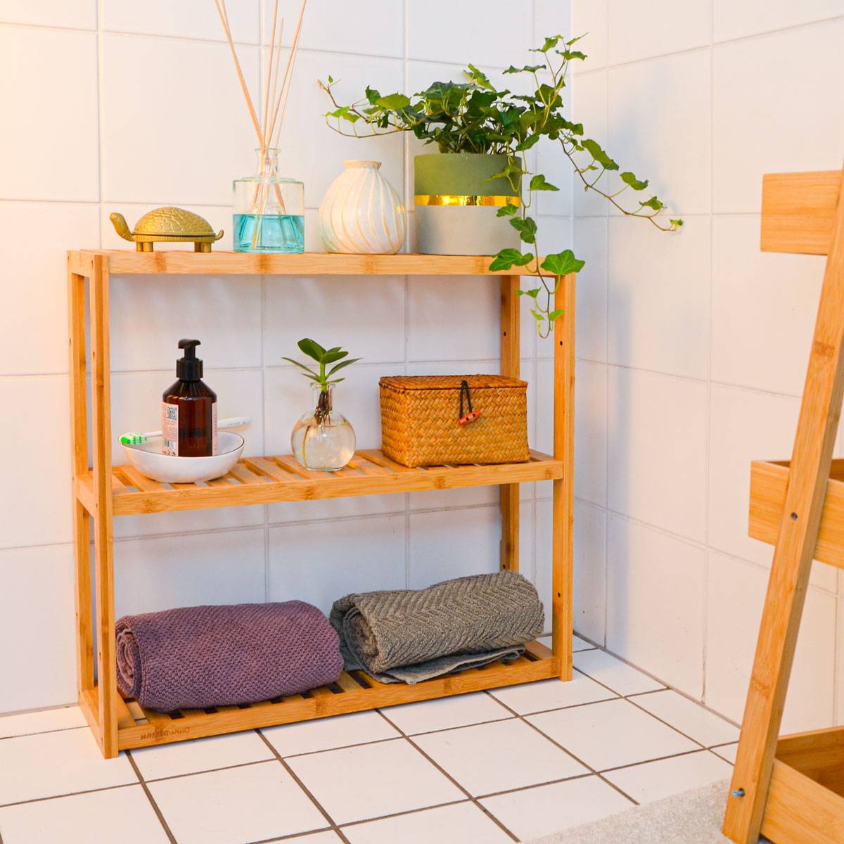Bambus Wandregal - 60x54x15cm - Bad Küche Hängeregal Holz - Badregal Küchenregal