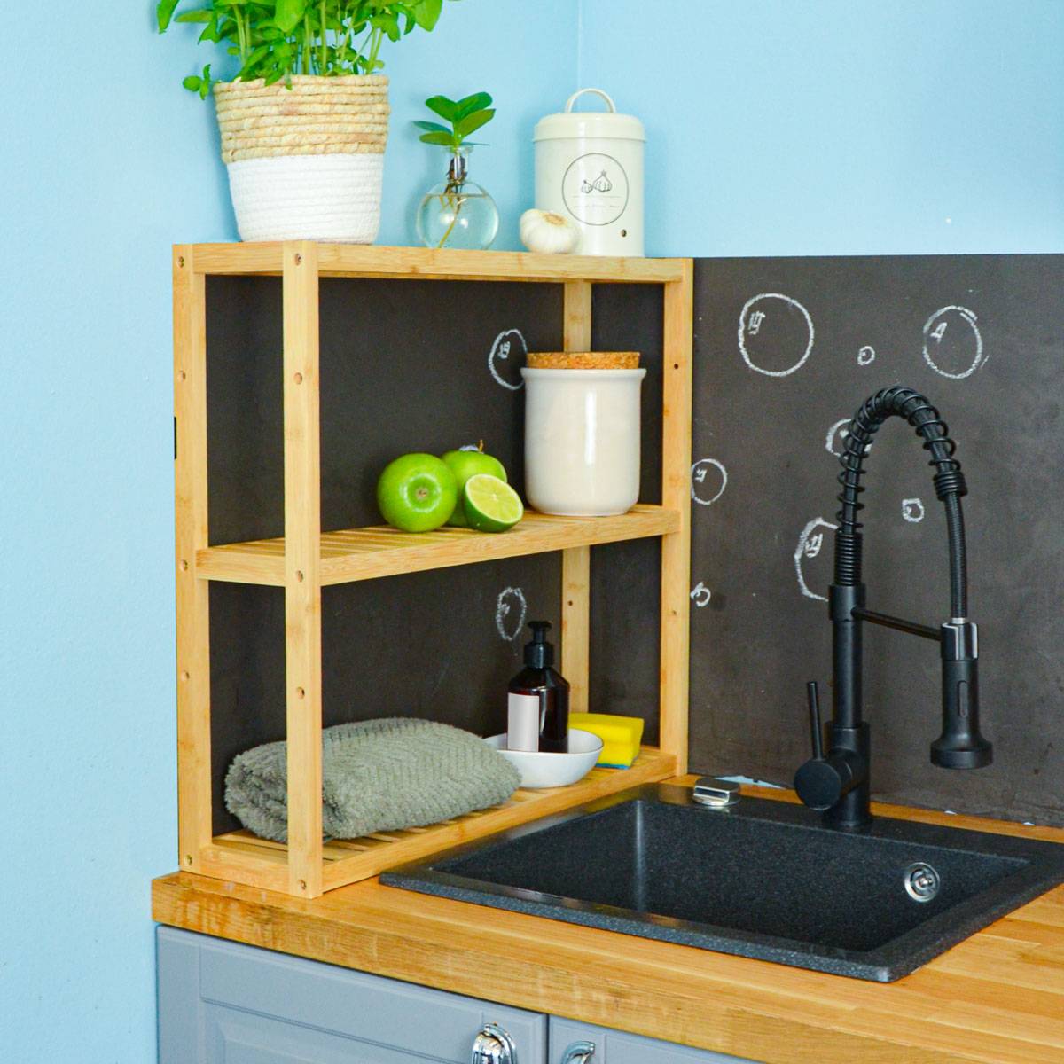 Bambus Wandregal - 60x54x15cm - Bad Küche Hängeregal Holz - Badregal Küchenregal