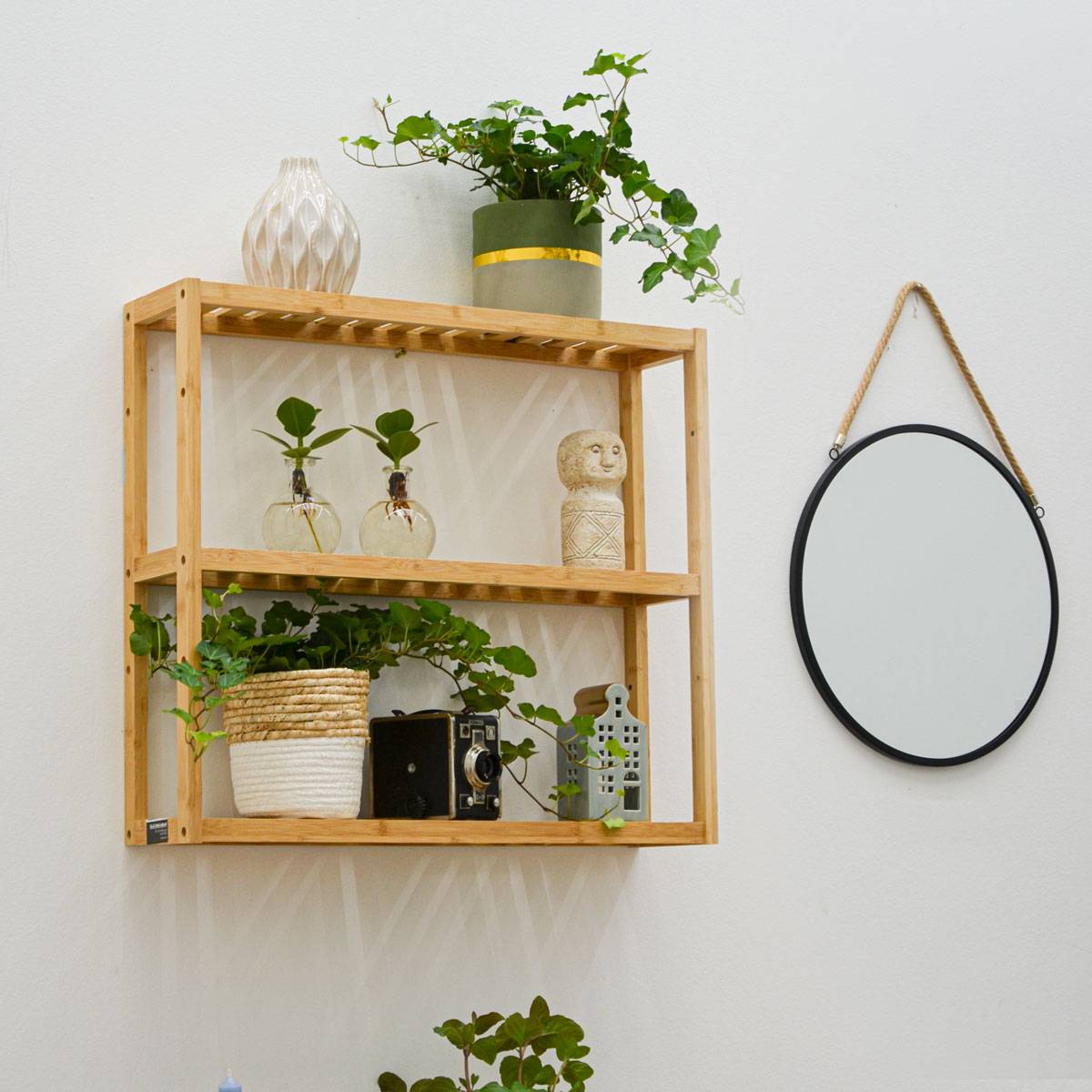 Bambus Wandregal - 60x54x15cm - Bad Küche Hängeregal Holz - Badregal Küchenregal