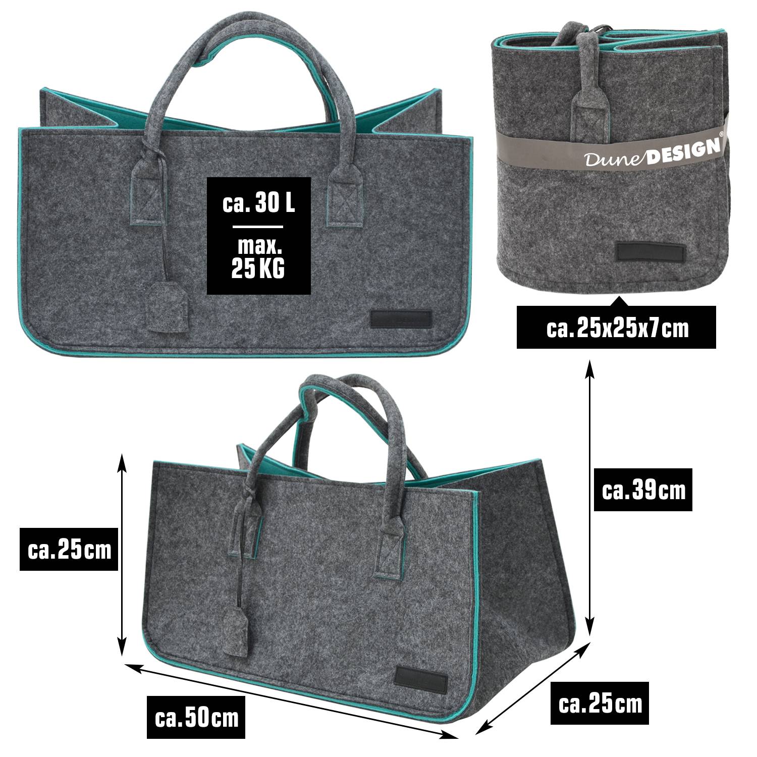 Schwerlast Filztasche - 50x25x25 Filz Einkaufstasche - Kamintasche Kaminholzkorb
