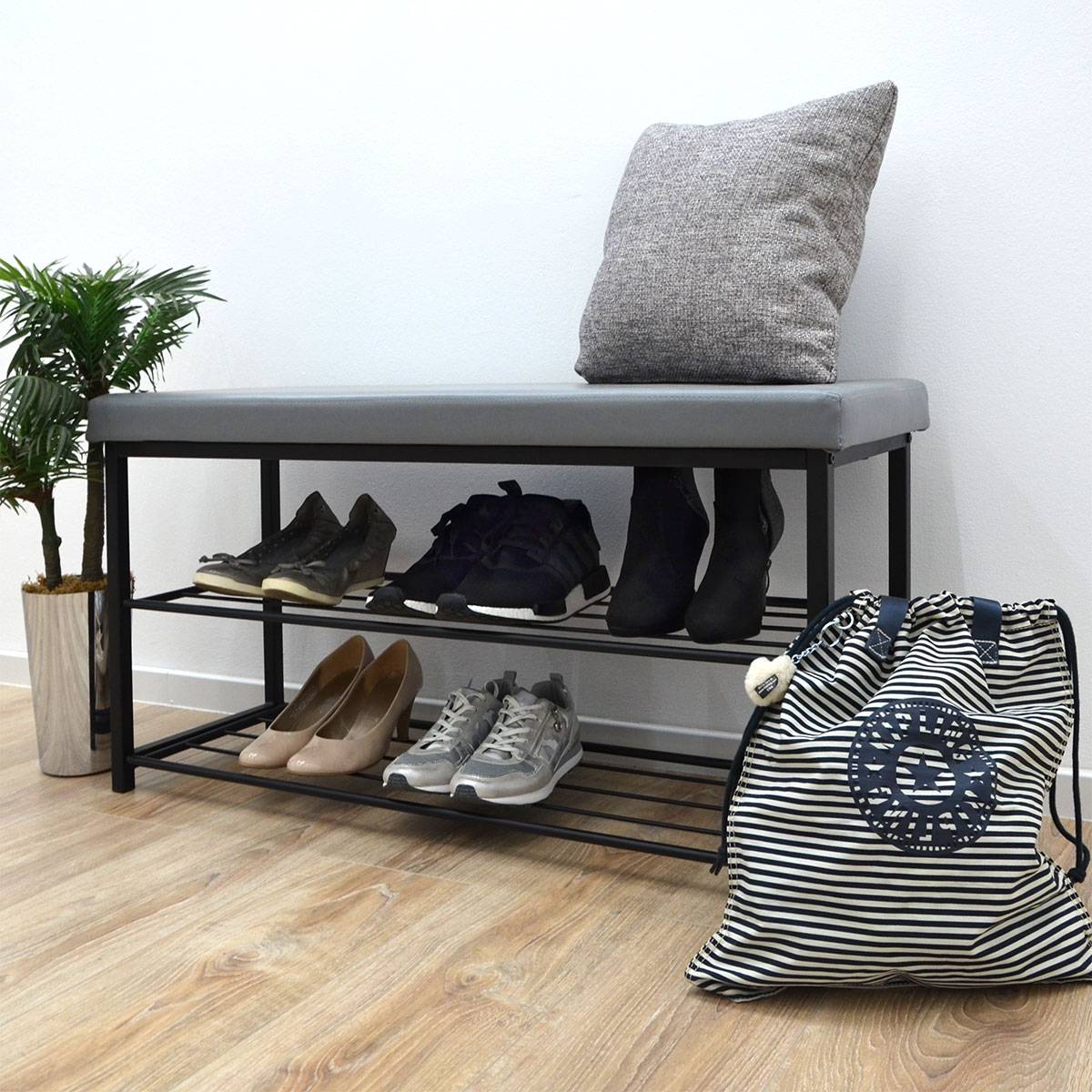 Schuhregal 96x32,5x51cm Schuhbank Offener Schuhschrank Schuh Regal Sitzbank Grau