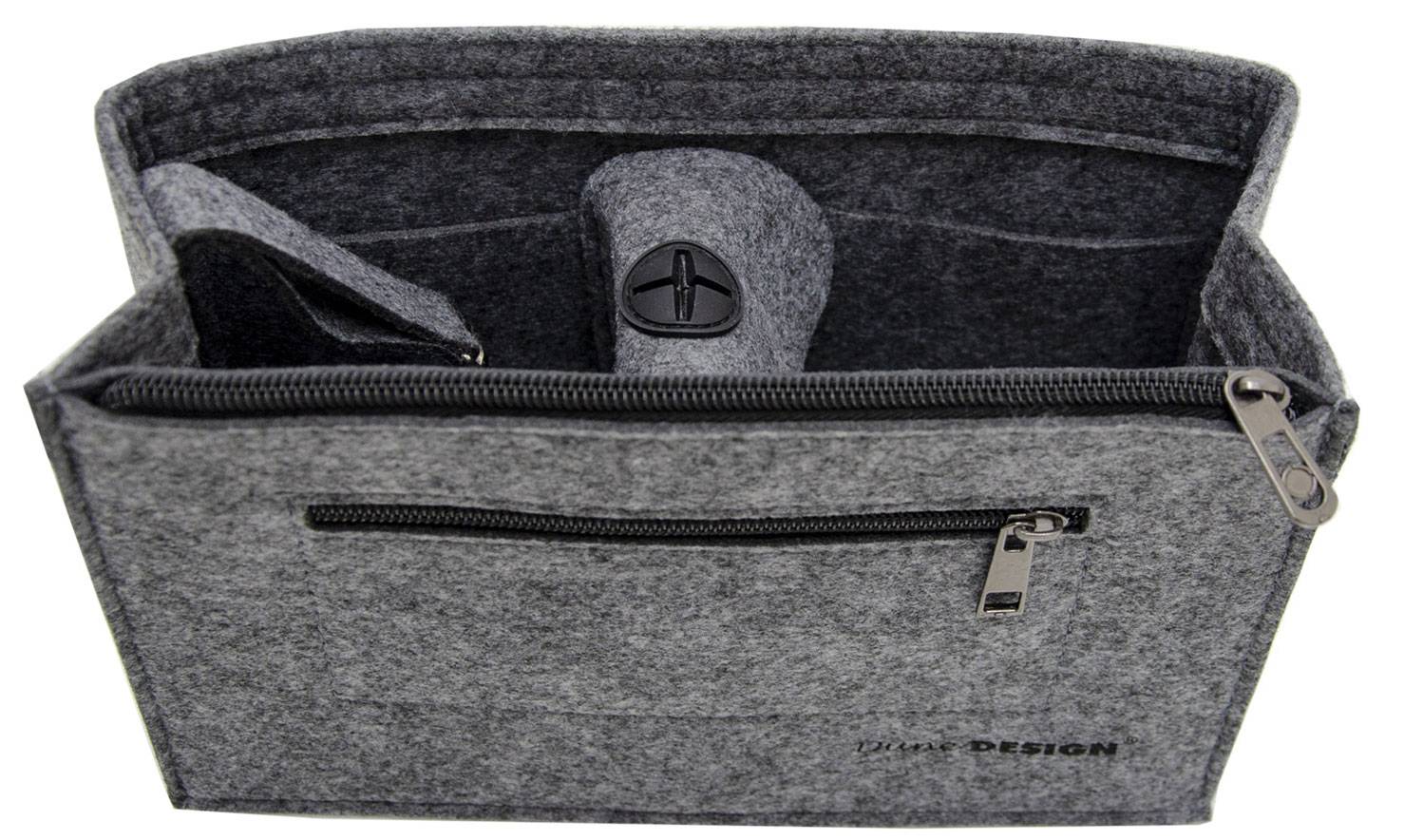 Graue Filz-Laptophülle oder Aktentasche mit Reißverschluss-Oberteil, Vordertasche und gepolsterter innerer Organizer-Klappe.