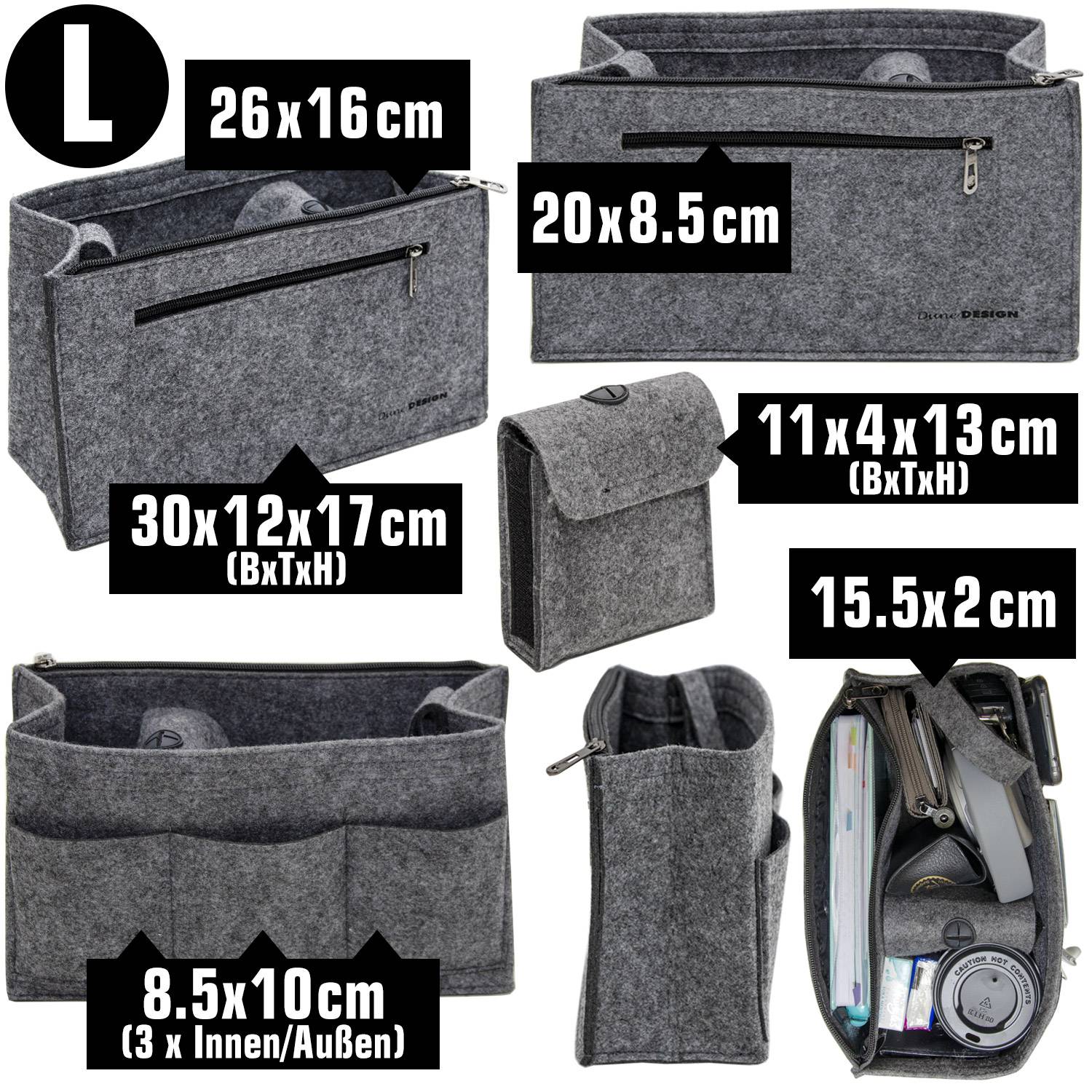 Handtaschen Organizer 30x12x17 cm Filz Tasche Innentasche Taschen Einsatz L Grau