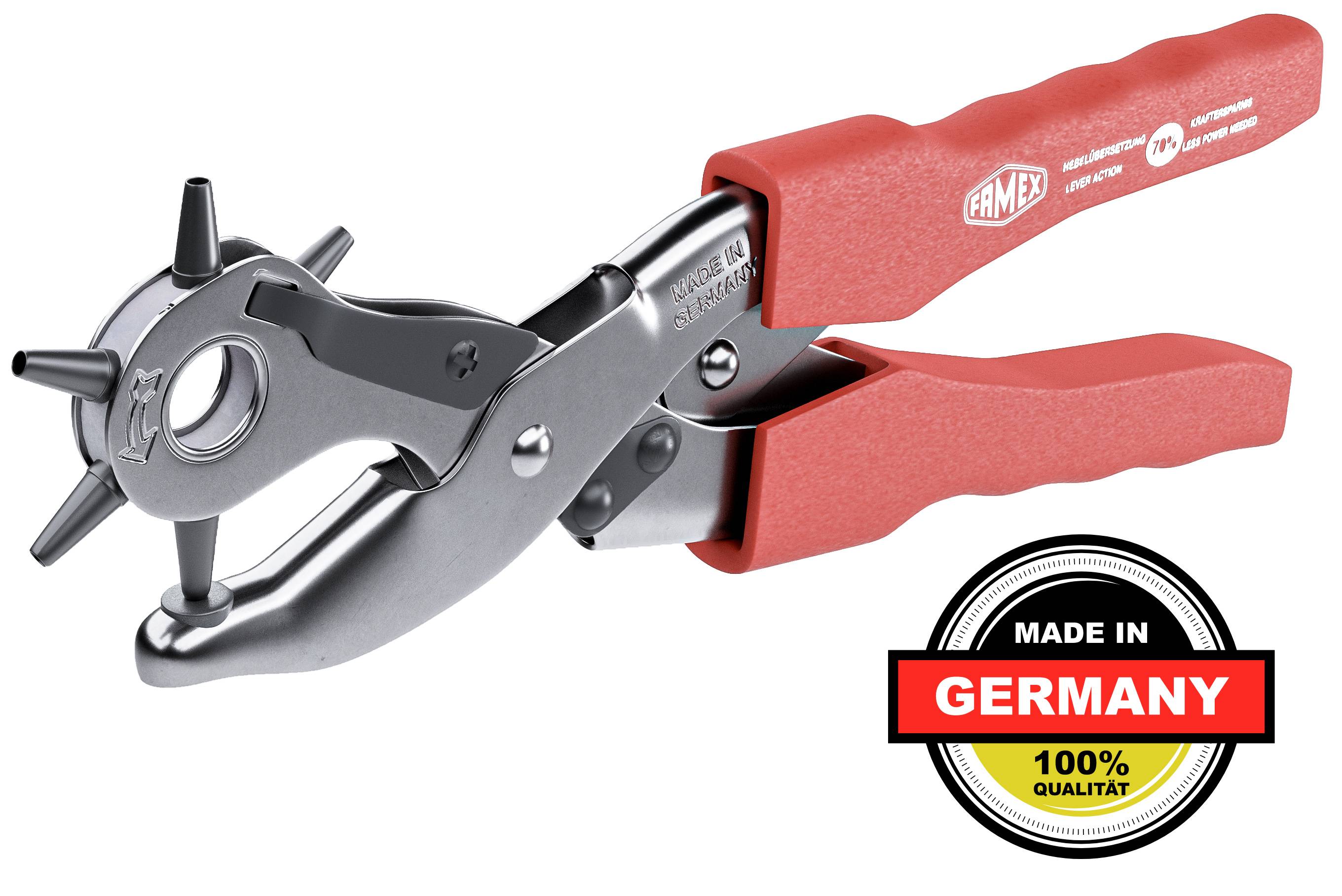 FAMEX 3519 Lochzange mit Hebelunterstützung ca. 70% Kraftersparnis - Revolverlochzange für Leder, Textilien, Kunststoff