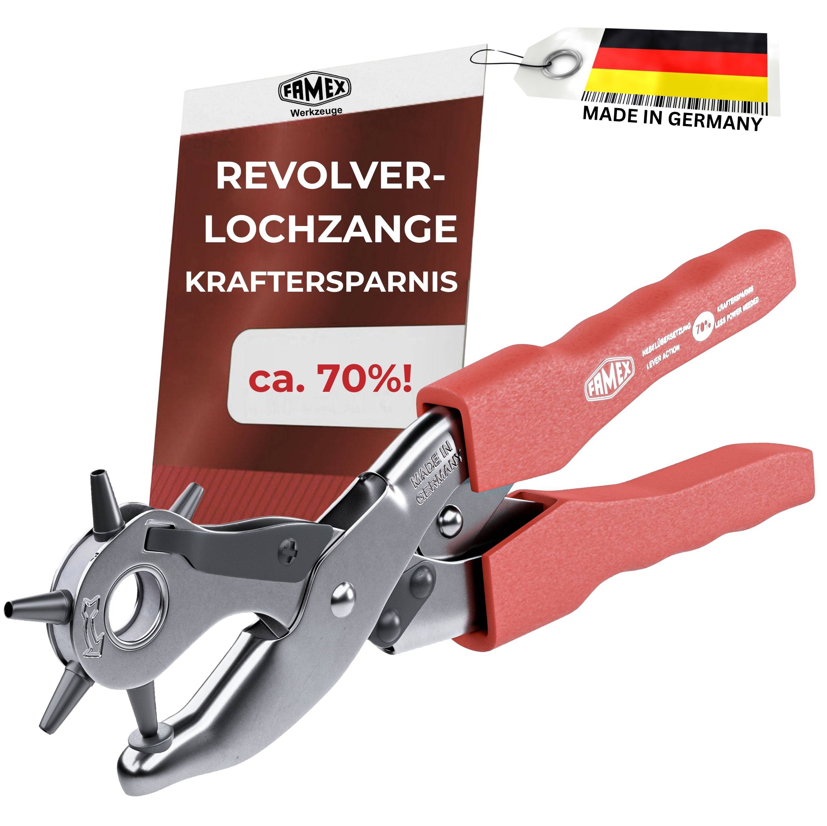 FAMEX 3519 Lochzange mit Hebelunterstützung ca. 70% Kraftersparnis - Revolverlochzange für Leder, Textilien, Kunststoff