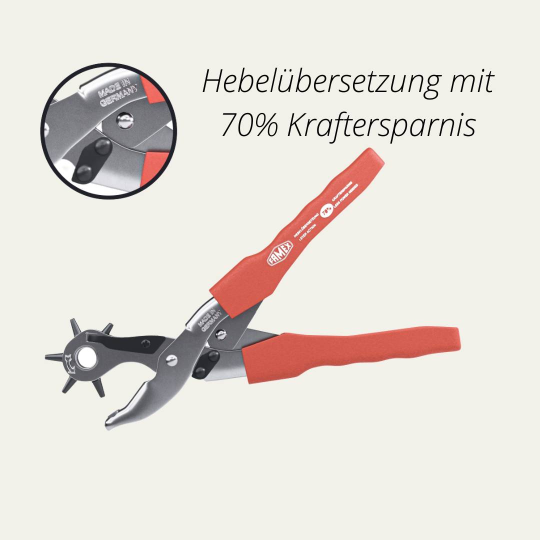 FAMEX 3519 Lochzange mit Hebelunterstützung ca. 70% Kraftersparnis - Revolverlochzange für Leder, Textilien, Kunststoff