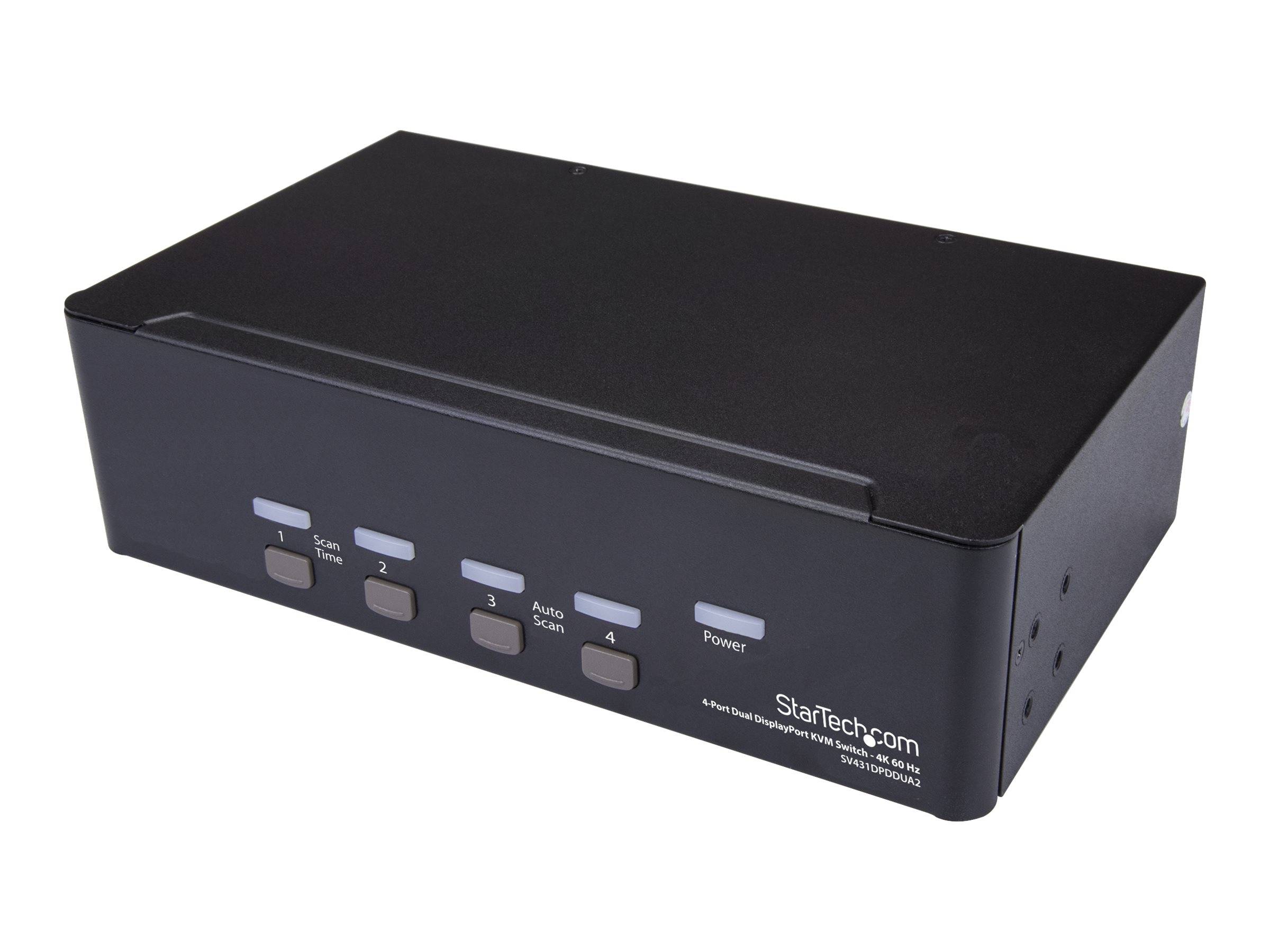 Schwarze 4-Port Audio-/Videoschalterbox mit Frontbedientasten und Stromanzeige, gekennzeichnet mit StarTech.com