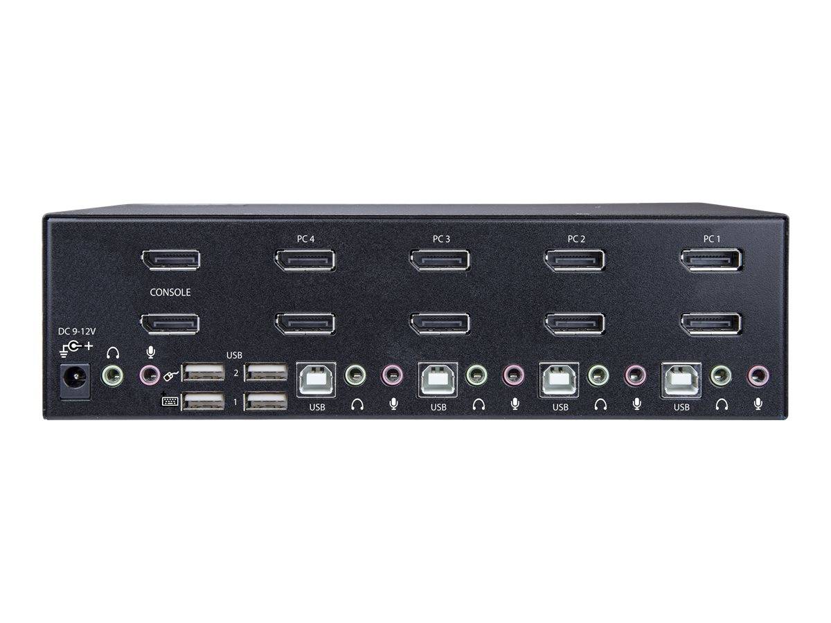 Vorderansicht eines 8-Port-KVM-Schalters mit gekennzeichneten Konsolen- und PC-Eingängen, USB-Anschlüssen, Audiobuchsen und 12V-Gleichstromeingang.