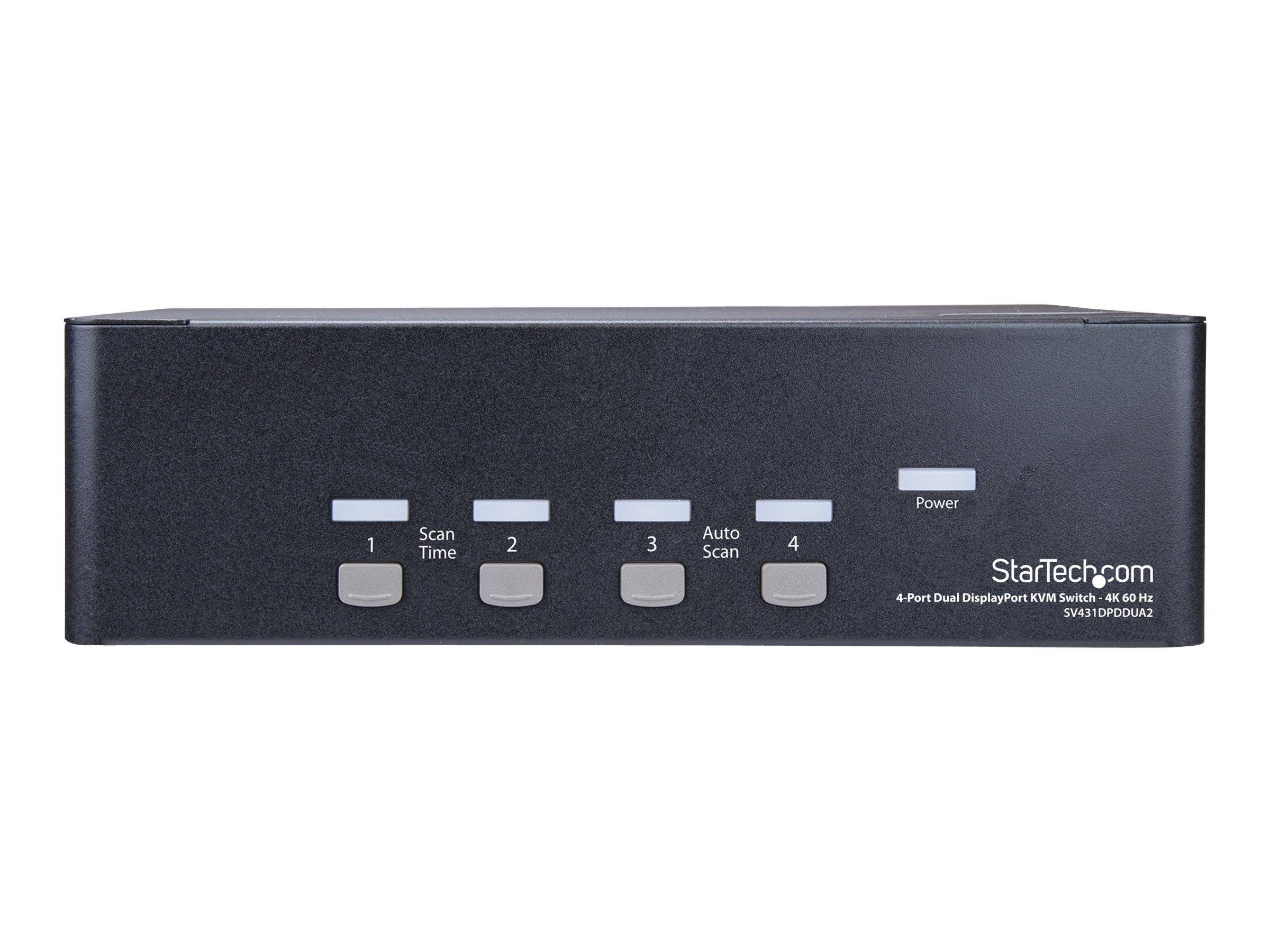 StarTech 4-Port-KVM-Umschalter mit Dual-Display und Front-Tasten mit den Bezeichnungen 1 bis 4, Scan-Zeit, Auto-Scan und Stromversorgung.