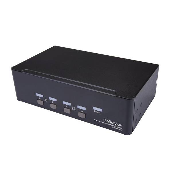 Black StarTech.com 4-Port-KVM-Umschalter mit vorderen Auswahlschaltern und Stromversorgungsanzeige auf weißem Hintergrund