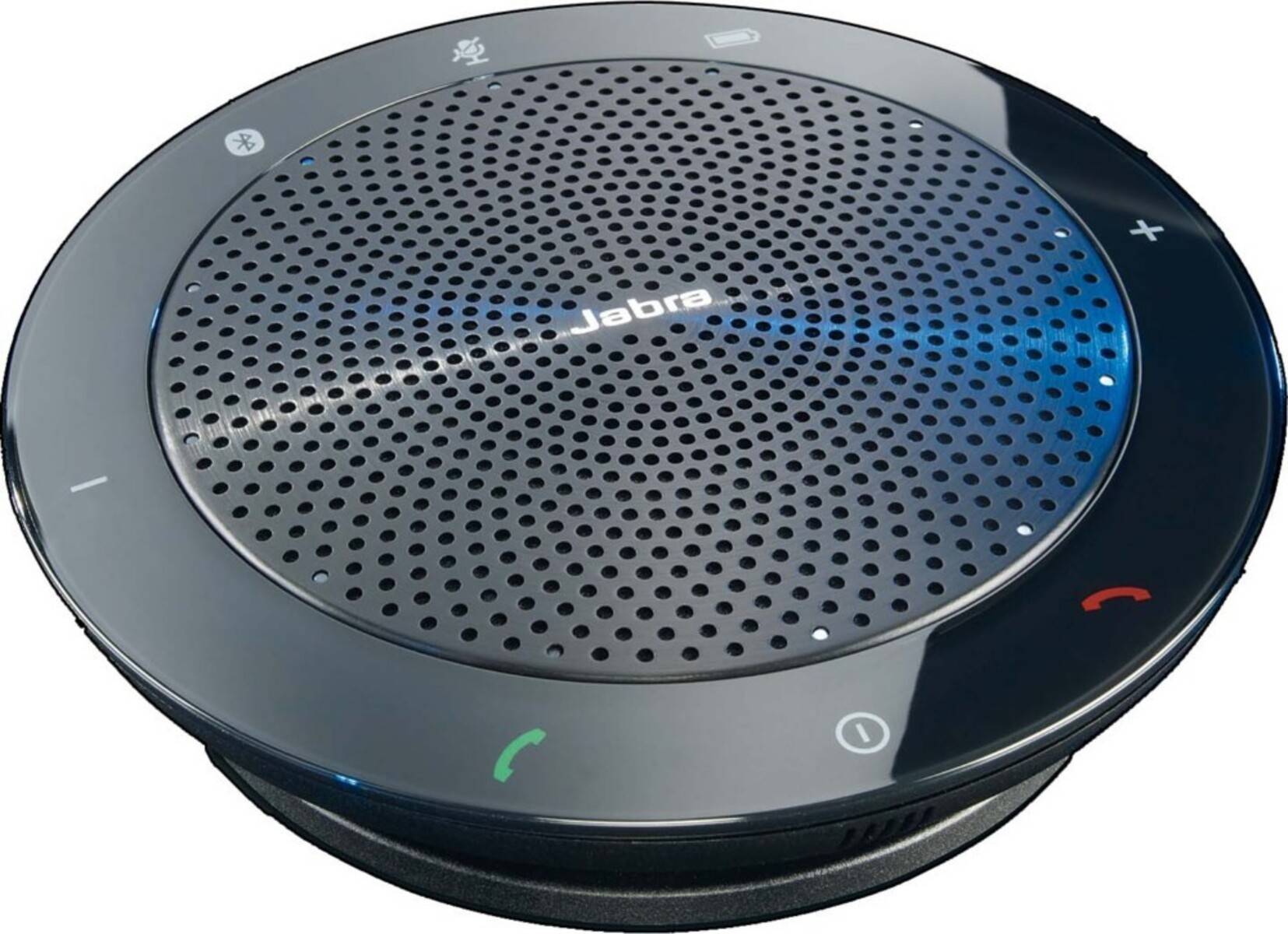 Ein schwarzer Konferenz-Lautsprecher mit Lautstärkeregelungstasten und einem kreisförmigen Lüftungsgitter in der Mitte mit der Beschriftung 